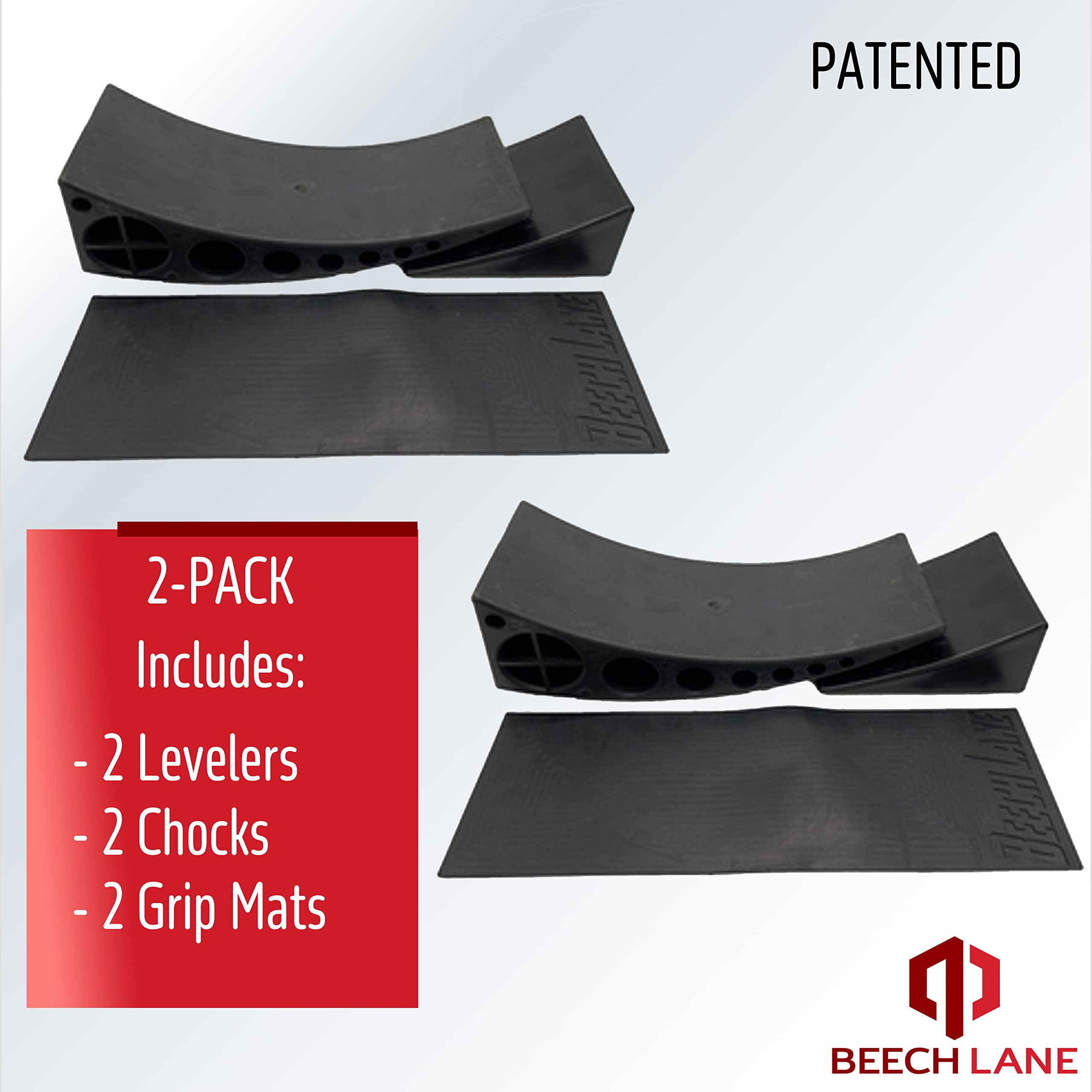 Beech Lane Camper Leveler 2 Pack - Precise Camper Leveling, Includes Two Curved Levelers, Two Chocks, And Two Rubber Grip Mats, Heavy Duty Leveler Works For Campers Up To 35,000 Lbs, Patented