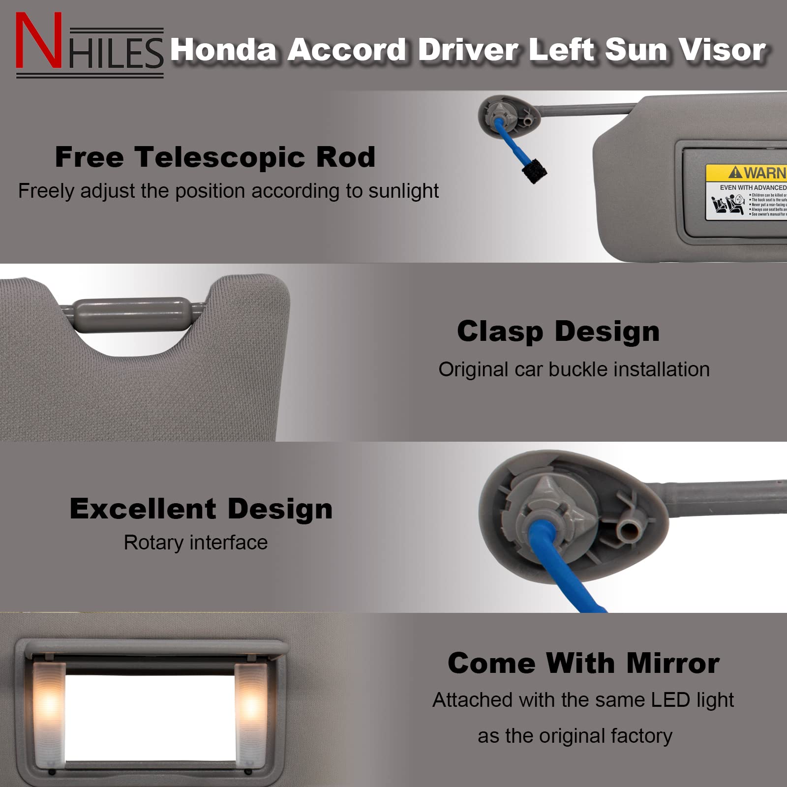 Nhiles Left Driver Side Sun Visor Compatible With Honda Accord 2008 2009 2010 2011 2012 2013 2014 2015 2016 2017 With Light Repl
