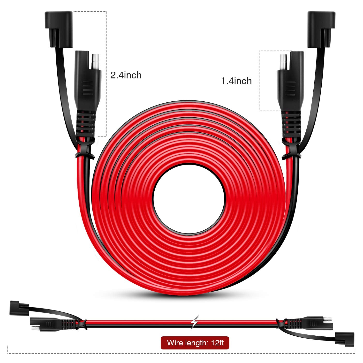 Nilight 12FT SAE to SAE Extension Cable, 16AWG 2 Pin Wire Harness, 12V-24V DC Quick Connect with Dust Cap, 2Pcs