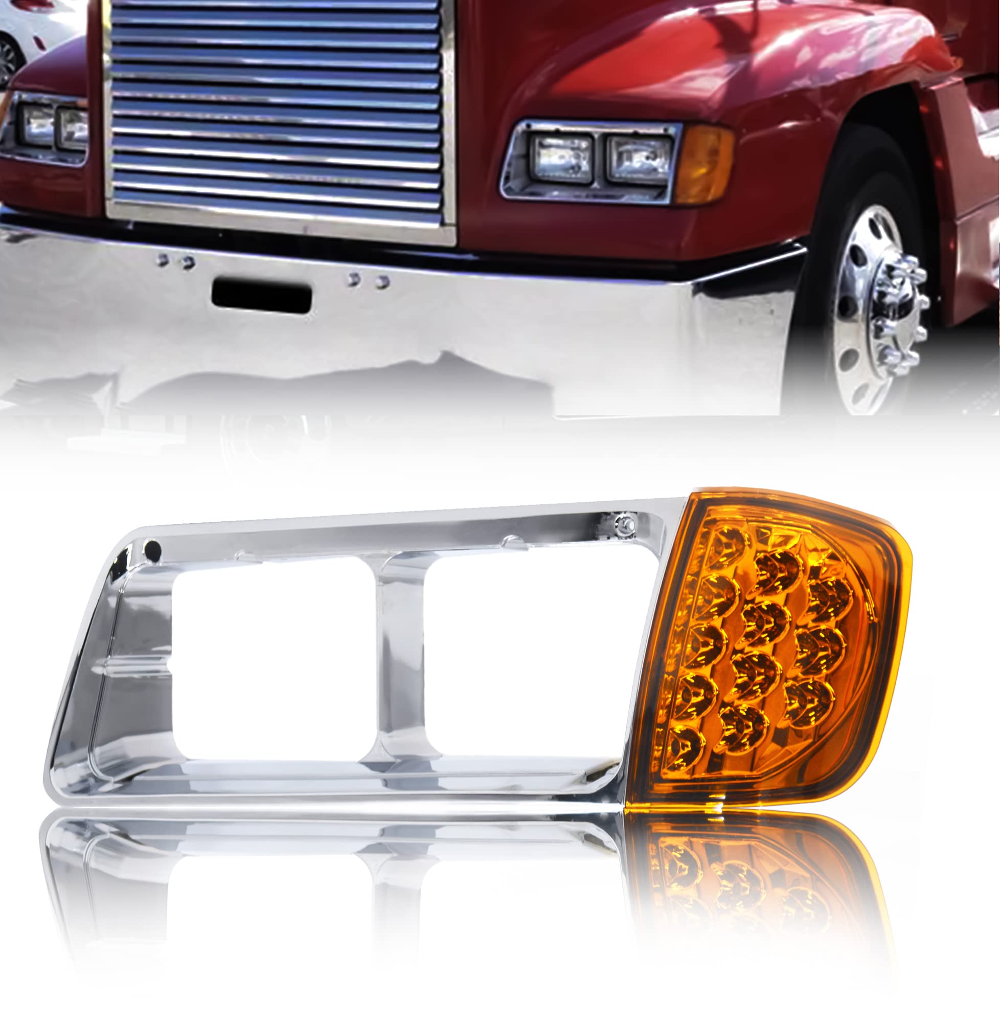Torque Headlight Bezel Driver Left Side Replacement for 1989-2002 Freightliner FLD semi Trucks with Amber LED Turn Signal Light Assembly DOT SAE Approved 3 Wires LH (TR039-L)
