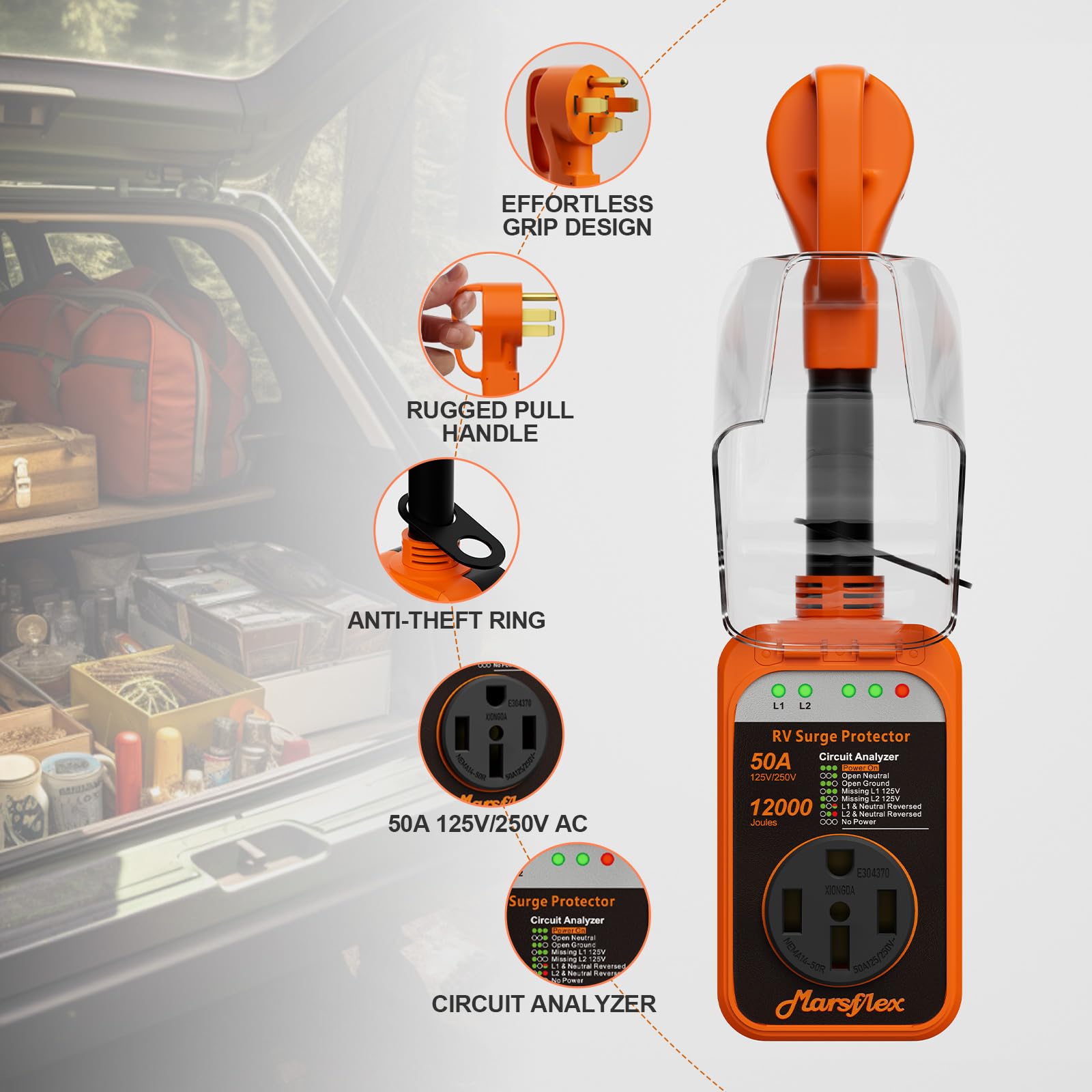 Marsflex Rv Surge Protector, 50Amp Rv Circuit Analyzer, 12000 Joules Surge Guard Protection With Waterproof Cover, Led Display,