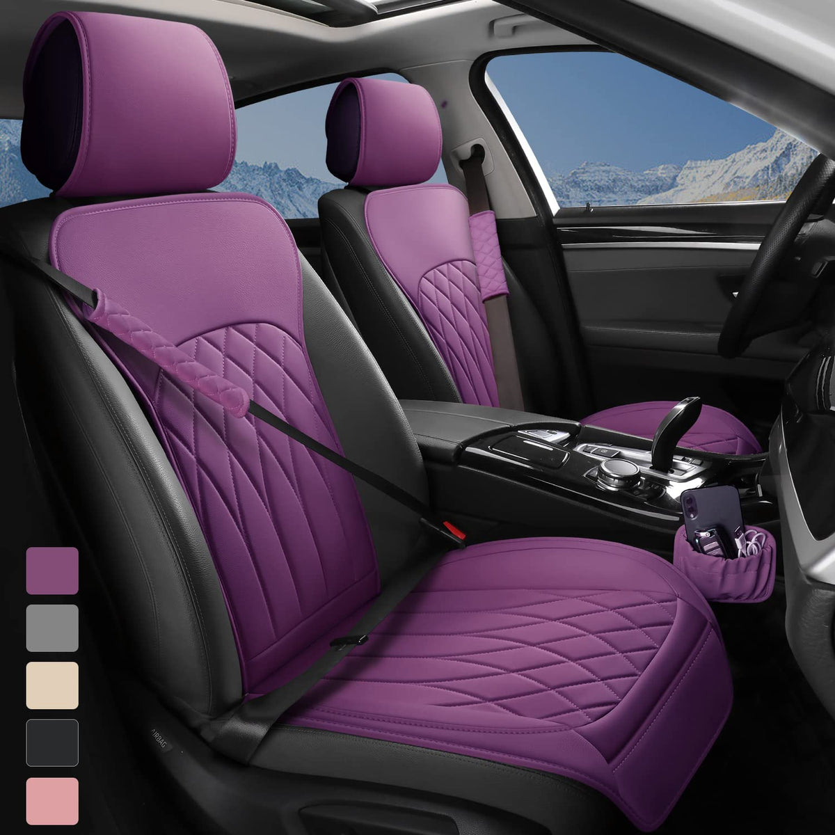 Beitk 2 Pack Leather Front Car Seat Covers, Universal Sideless Car Seat Protectors With Storage Pocket And Seat Belt Pads, Water