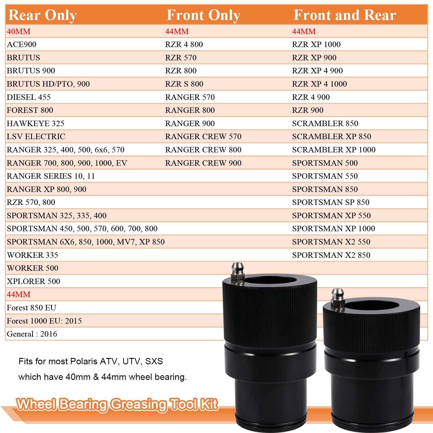 Johntruck 40Mm & 44Mm Front Rear Wheel Bearing Greaser Greasing Tool Kit For Polaris Ranger 570 800 900 Xp1000/Sportsman 500 550