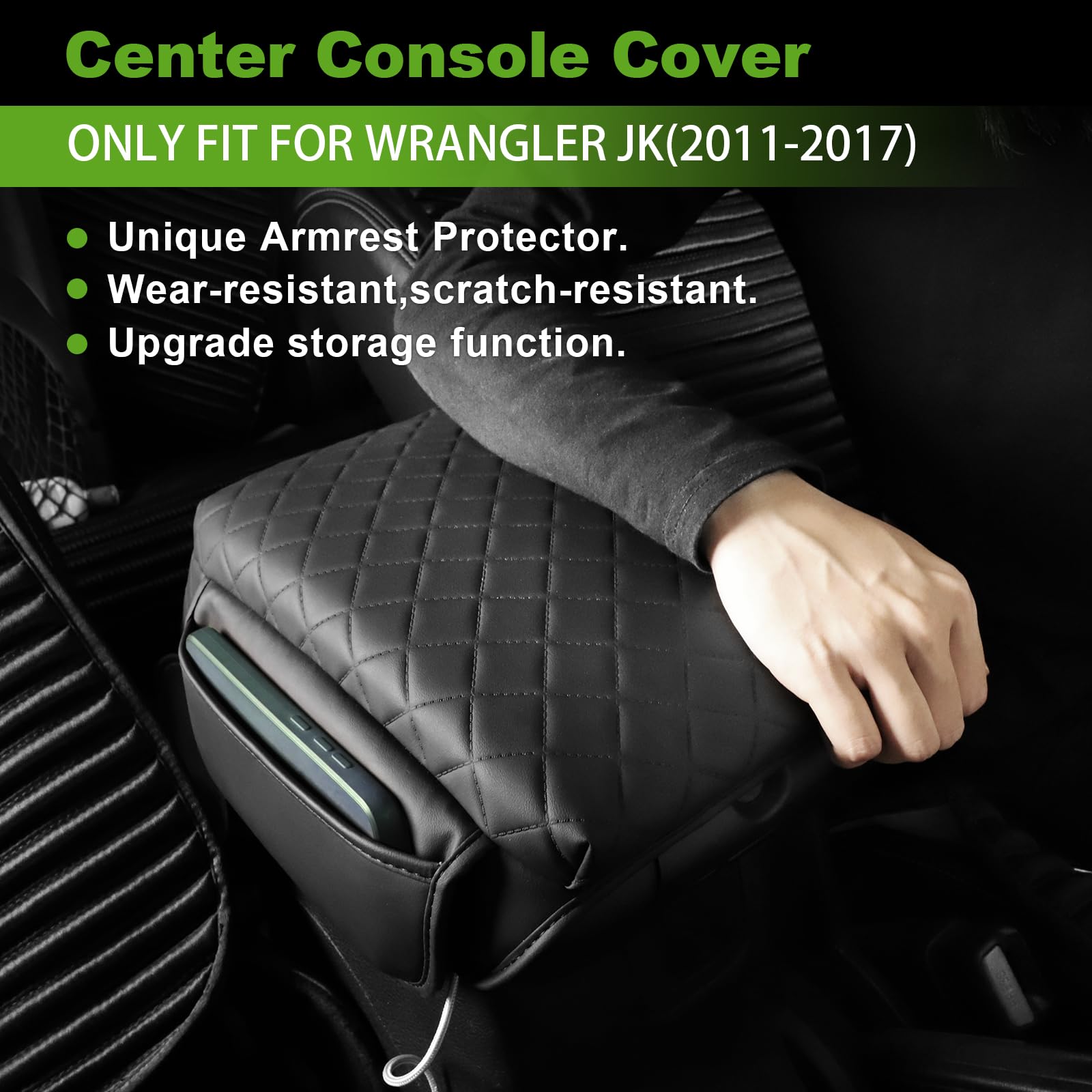 SDPVorn Armrest Cover for Jeep Wrangler Center Console Pad with Organizer Storage Pockets, Black Faux Leather Arm Rest Lid Prote