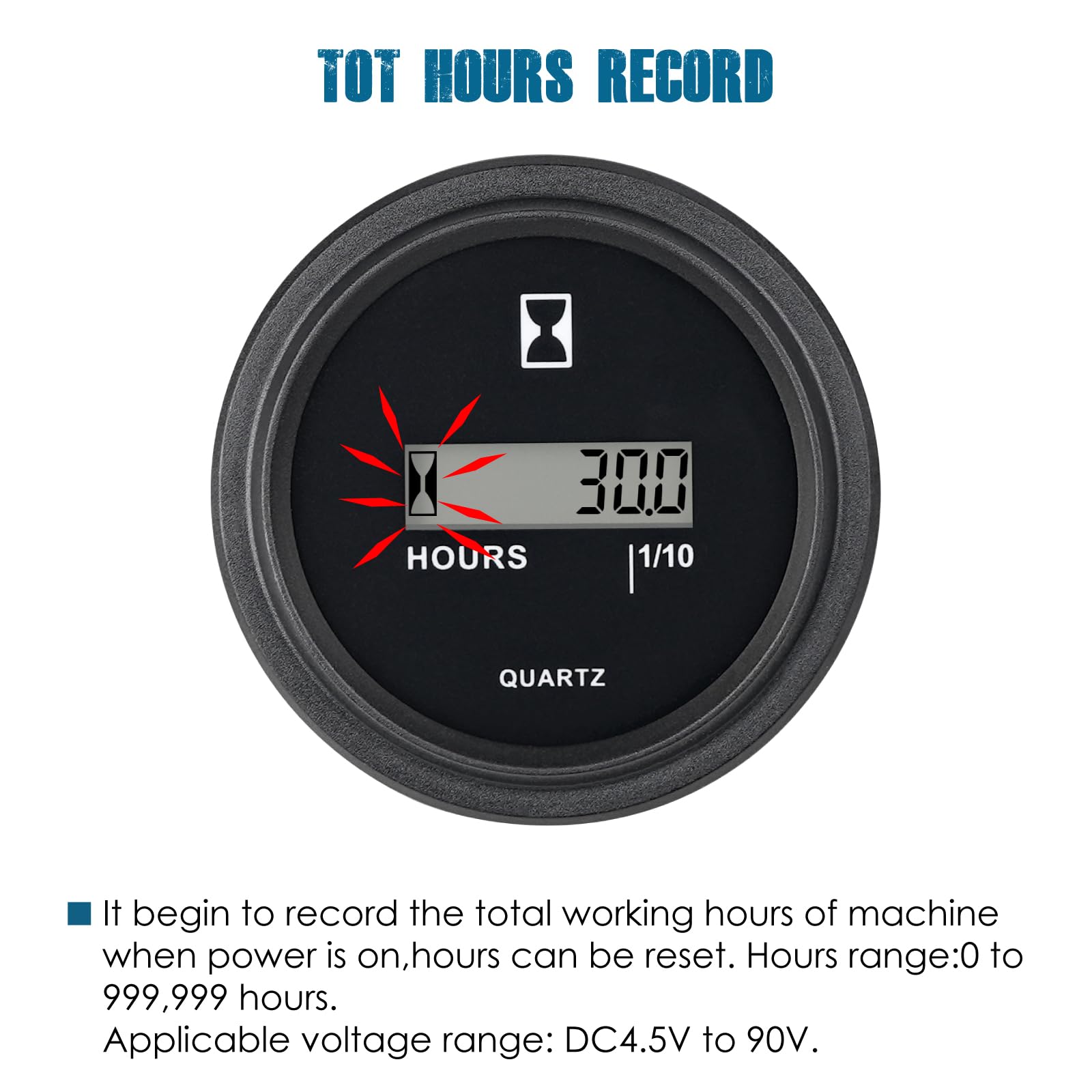 Runleader LCD Hour Meter,DC 4.5V to 90V, Data Storage & Waterproof Design for Club Car Forklift Go-Kart Lawn Mower Sawmill etc.