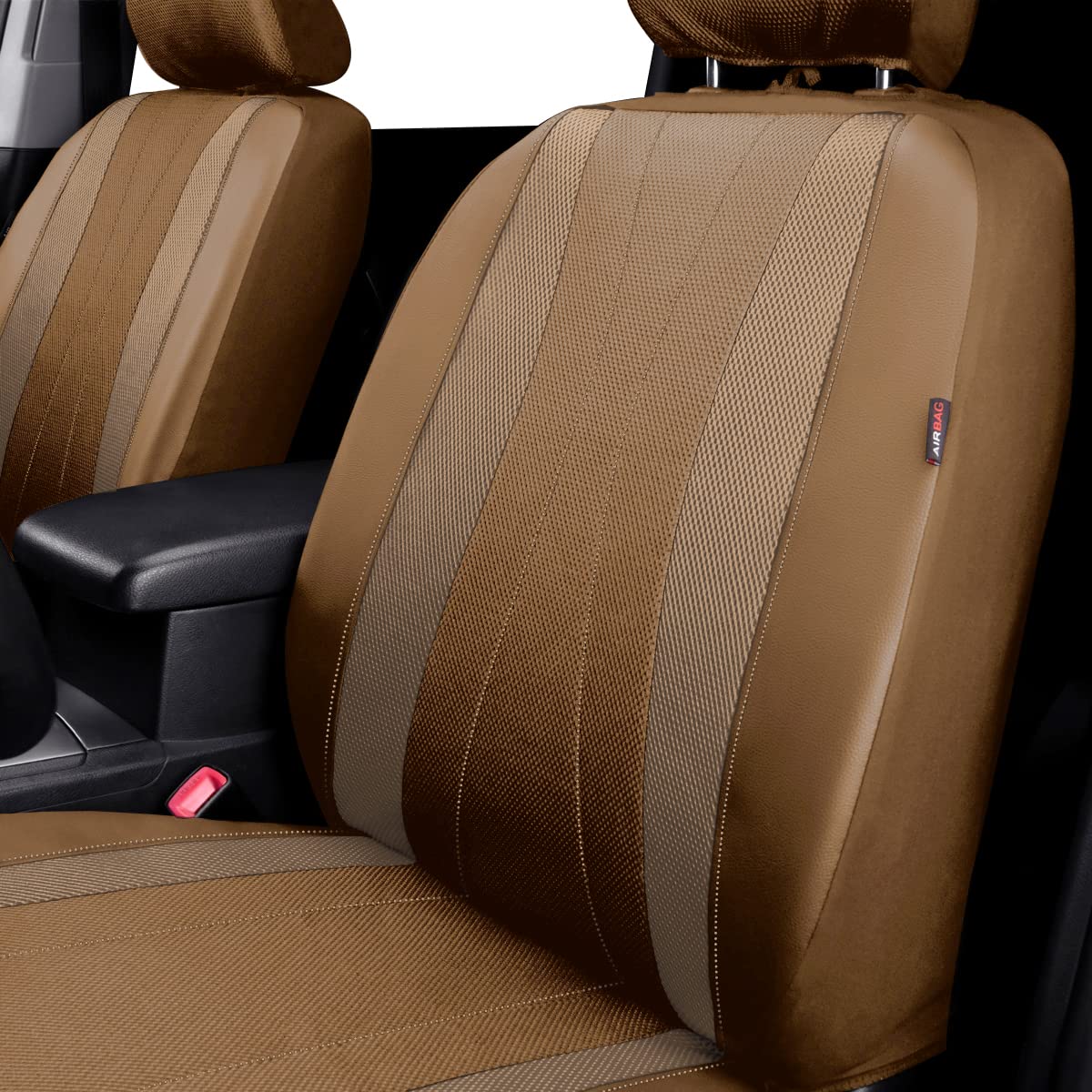 Flying Banner Car Seat Covers Full Set Faux Leather Air Mesh Breathable Man Lady Airbag Compatible Rear Bench Split 40/60 50/50 60/40 Truck Pick Up (Full Set - Low Back, Solid Beige)