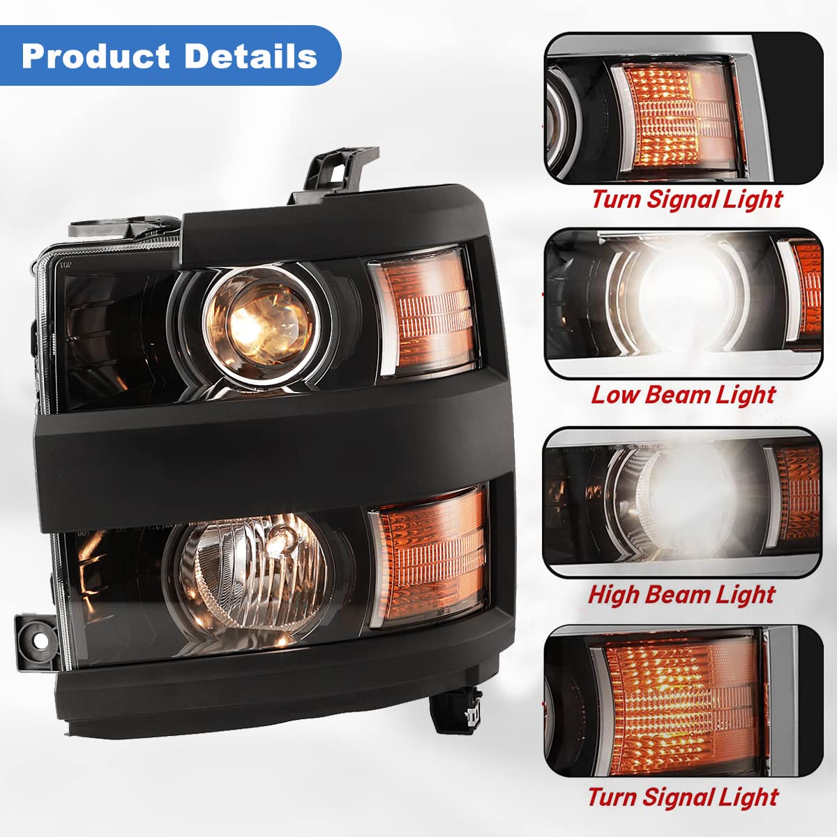 ROXX Headlight Assembly Fit for 2015-2019 Chevy Silverado 2500&3500, Low/High Beam Headlight Replacement for 2015-2019 Chevy Sil