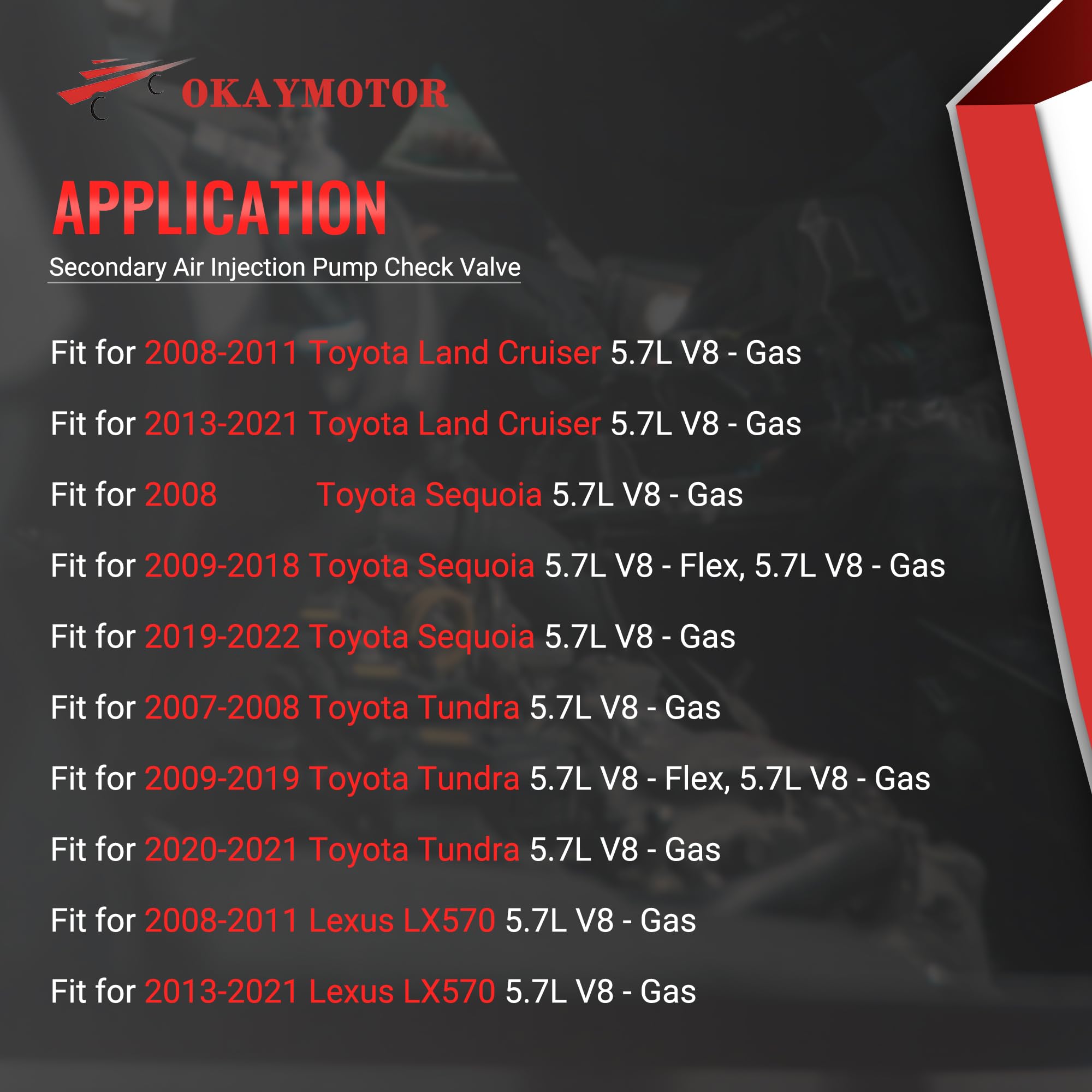 Okay Motor Secondary Air Injection Pump Check Valve For 2007-2021 Toyota Tundra Land Cruiser Sequoia Lx570 5.7L 911-643 25701-38