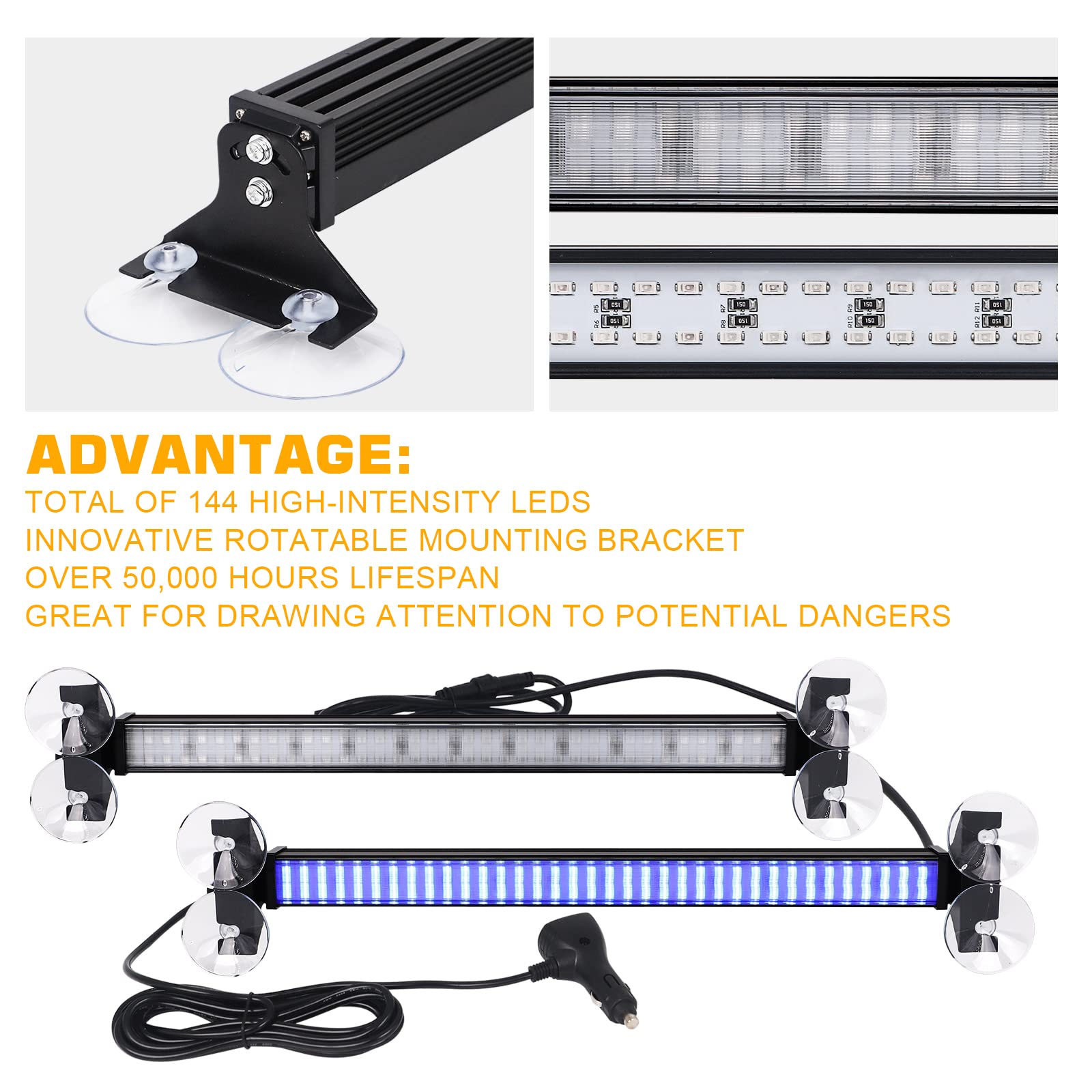 Xridonsen 2 In 1 Blue Emergency Strobe Traffic Advisor Light Bar 144 Led Warning Safety Interior Windshield Dash Lights Deck Spl