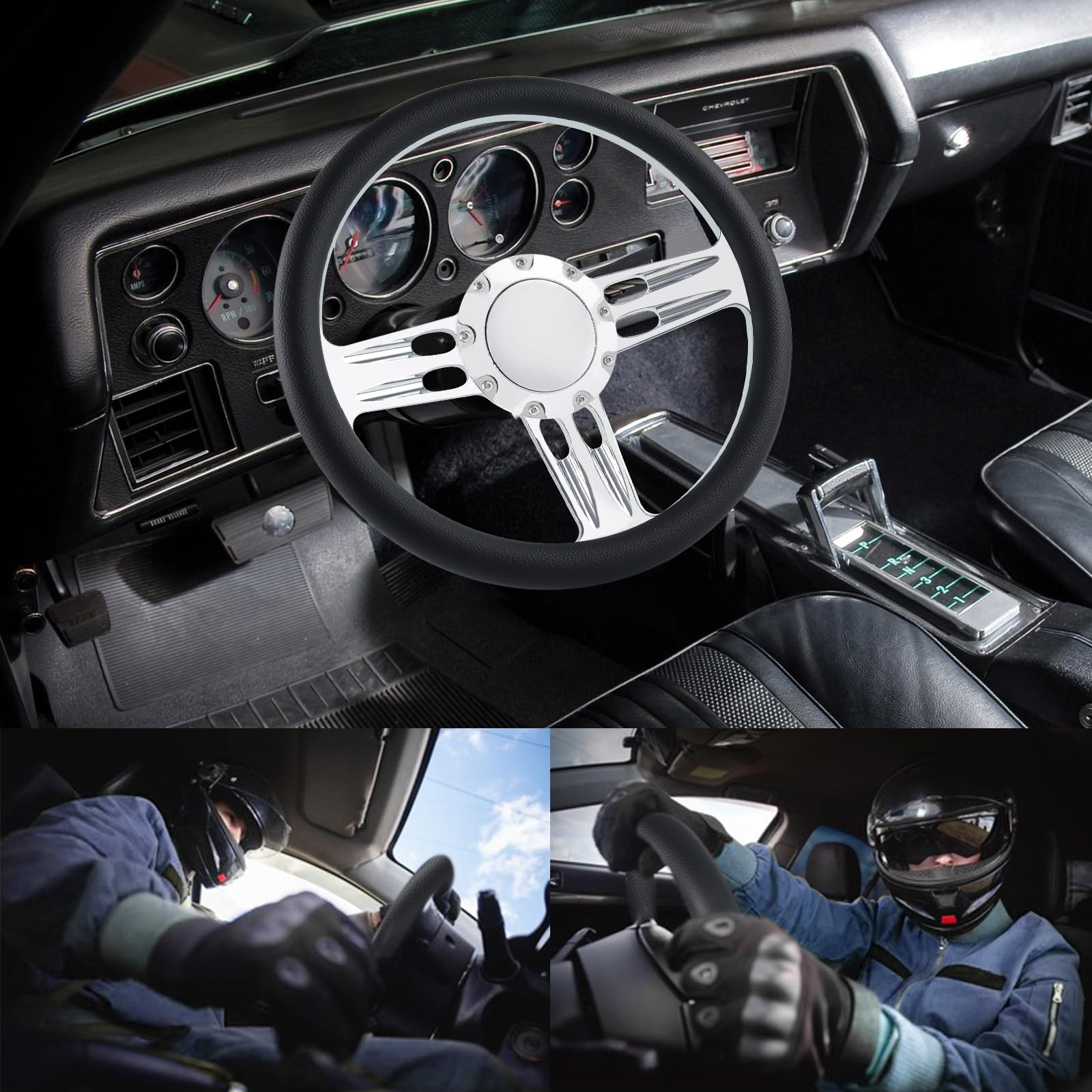 QYMOPAY 14 Black Leather 3 Spoke Steering Wheel - Fits Most 9 Hole Car Models, Durable Billet Design