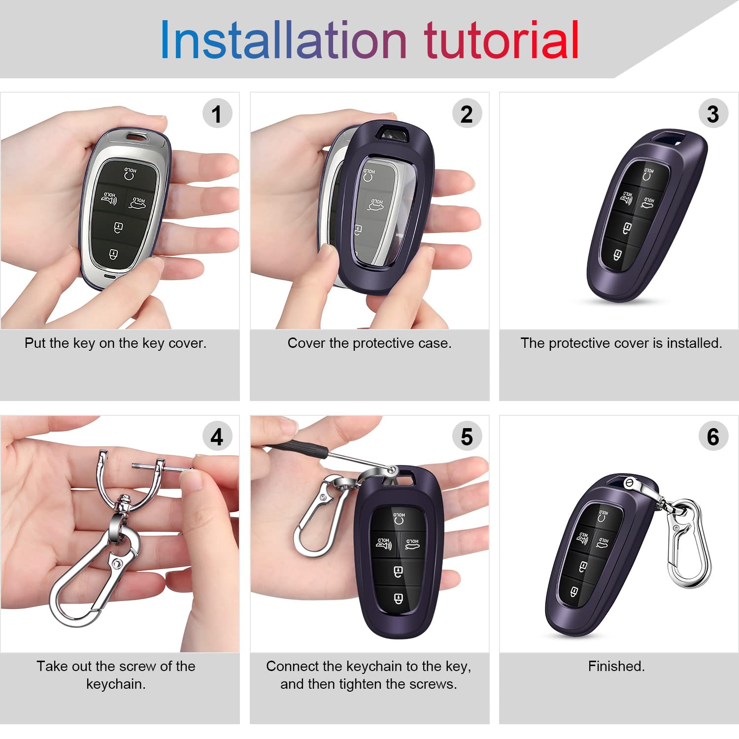 Qbuc For Hyundai Key Fob Cover,Tpu 360 Degree Car Key Case Protector With Keychain Compatible With 2022 2021 2020 Hyundai Sonata Santa Fe Tucson Keyless Entry 3/4/5/7 Buttons Smart Key(Purple Black)