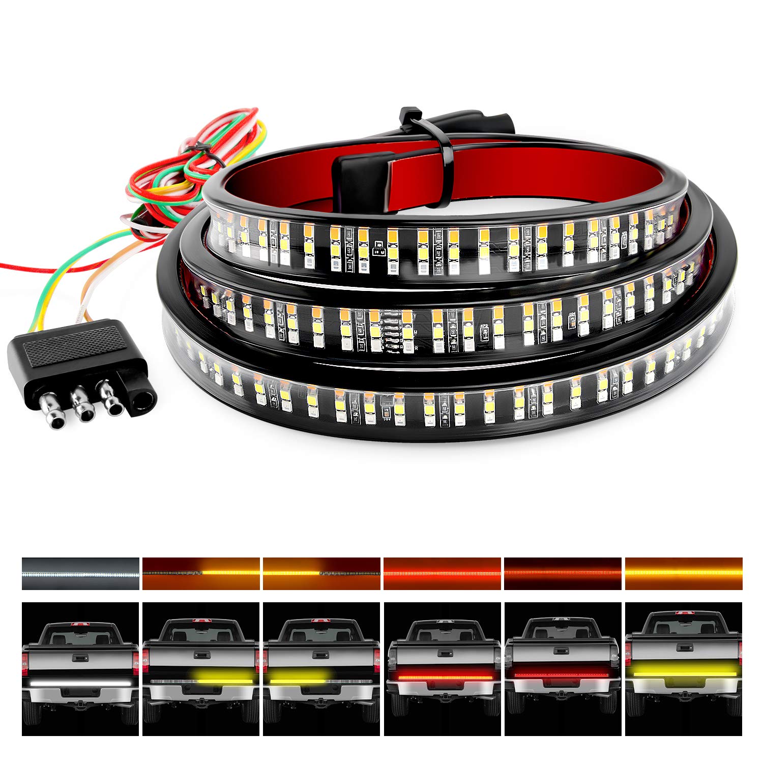 Nilight Tr-04 Truck Tailgate Bar 60'' Triple Row 504 Led Strip With Red Brake White Reverse Sequential Amber Turning Signals Str