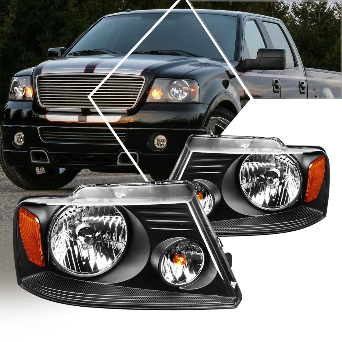 2Pcs Replacement Headlights Assembly Compatible With Ford F150 04-08/Lincoln Mark Lt 06-08,Black Housing/Amber Corner