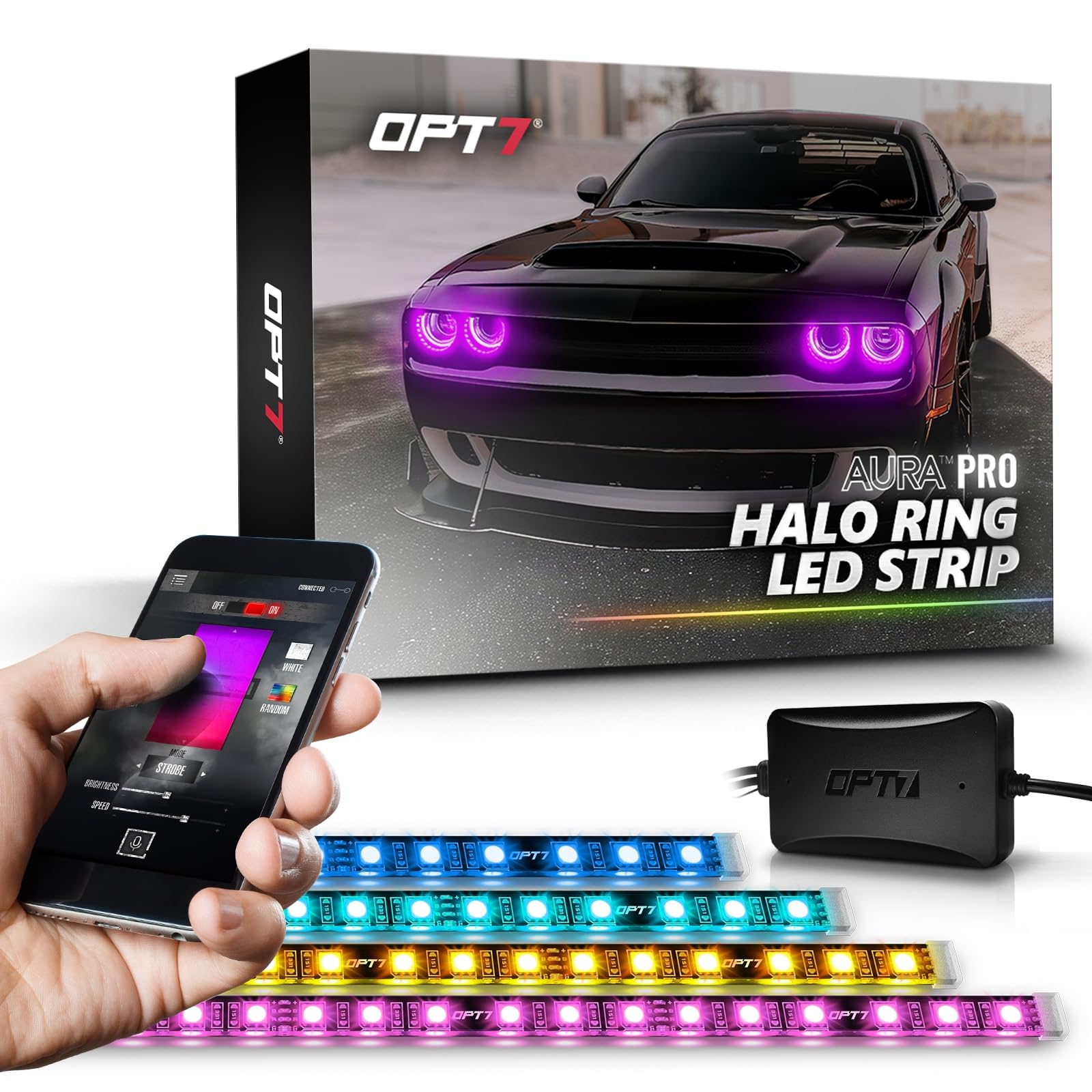 Opt7 Aura Pro Halo Light Drl For 08-23 Dodge Challenger, Bluetooth Rgb Full Color Spectrum Demon Eye, Angel Eye Kit, Easy Instal