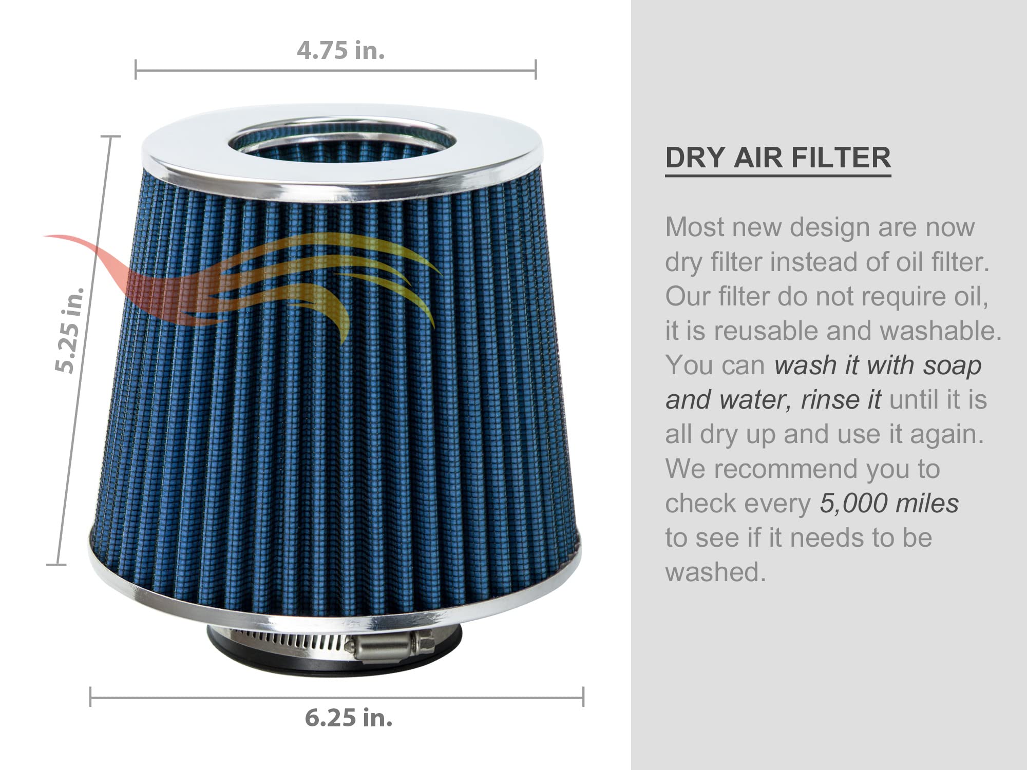 Blue 3.5'' 89 Mm Inlet Narrow Cold Air Cone Replacement Performance Washable Clamp-On Dry Air Filter