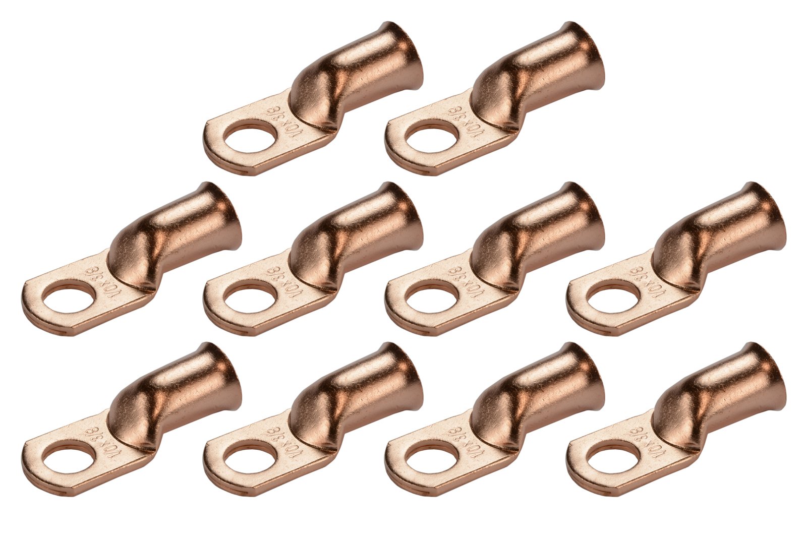 Temco 10 Pack Bare Copper Welding Battery Cable Ends, Lugs Terminal 1/0 Awg 3/8'' Hole (6 Awg To 1/0 Awg Options Available)
