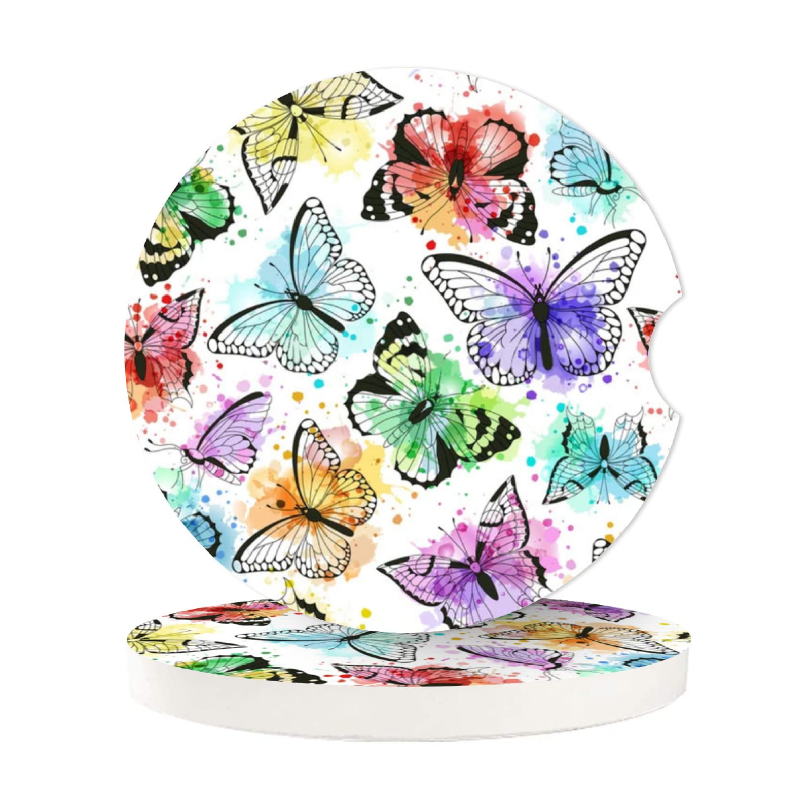 Watercolor Rainbow Butterfly Absorbent Car Cup Coasters,Cup Holders,Cork Base Drink Coasters With Finger Notch For Easy Move Of
