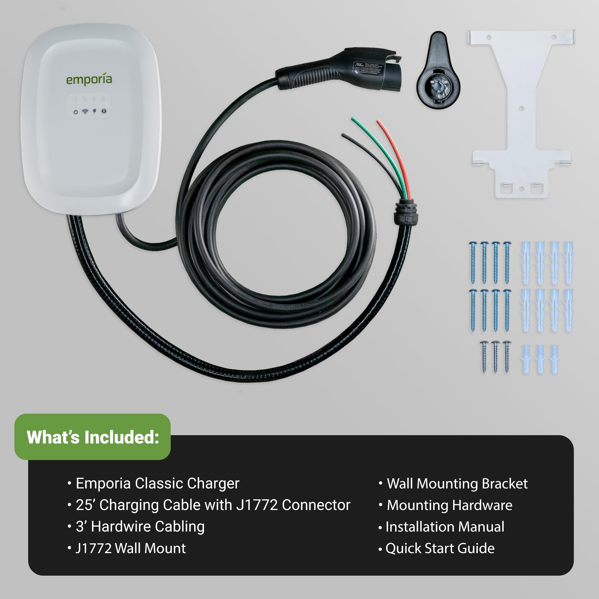 Emporia Level 2 Ev Charger W/ J1772 Charger, 48 Amp, Preconfigured For Hardwired Install With Whip, Ul/Energy Star Wifi Enabled