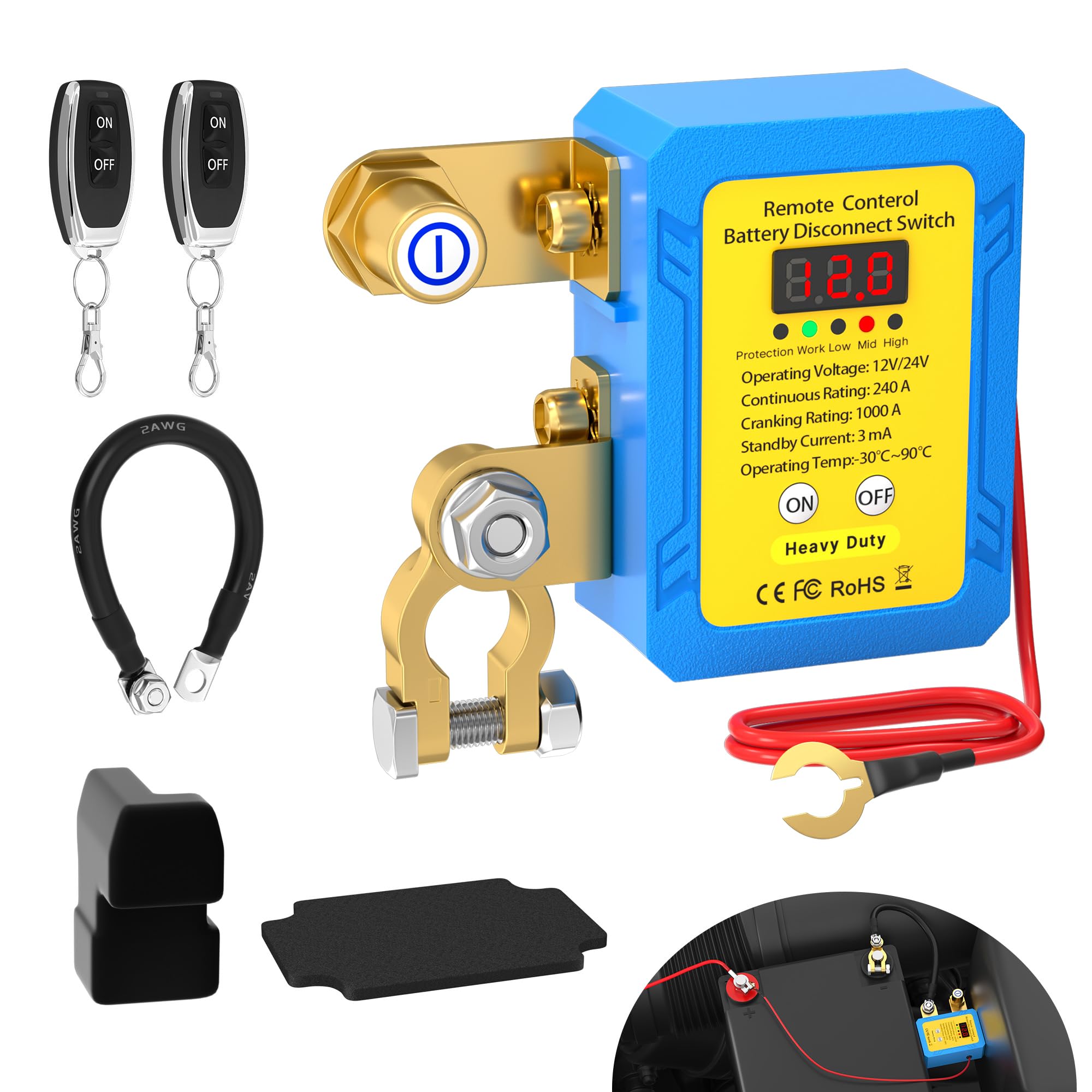 Joinfworld Kill Switch For Car 12V 240A Remote Battery Disconnect Switch With Led Voltage Display Car Kill Switch Anti-Theft Aut