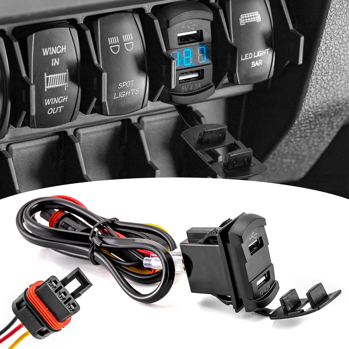 Wsays Dual USB Rocker Switch 12v Charger/Outlet with LED Voltmeter Display Plug & Play Compatible with Polaris RZR Ranger Genera