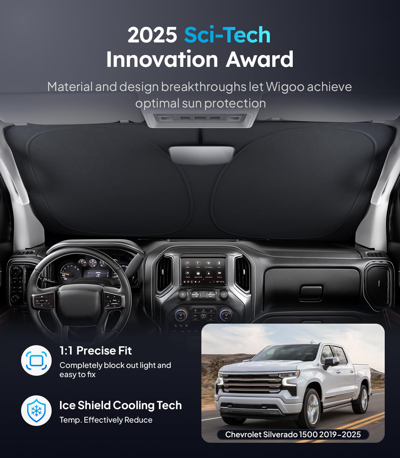 Wigoo For Chevrolet Silverado 1500 Windshield Sunshade [100% Sun Block, 4Th-Gen Cooling Tech] Foldable Heat Insulation Front Win