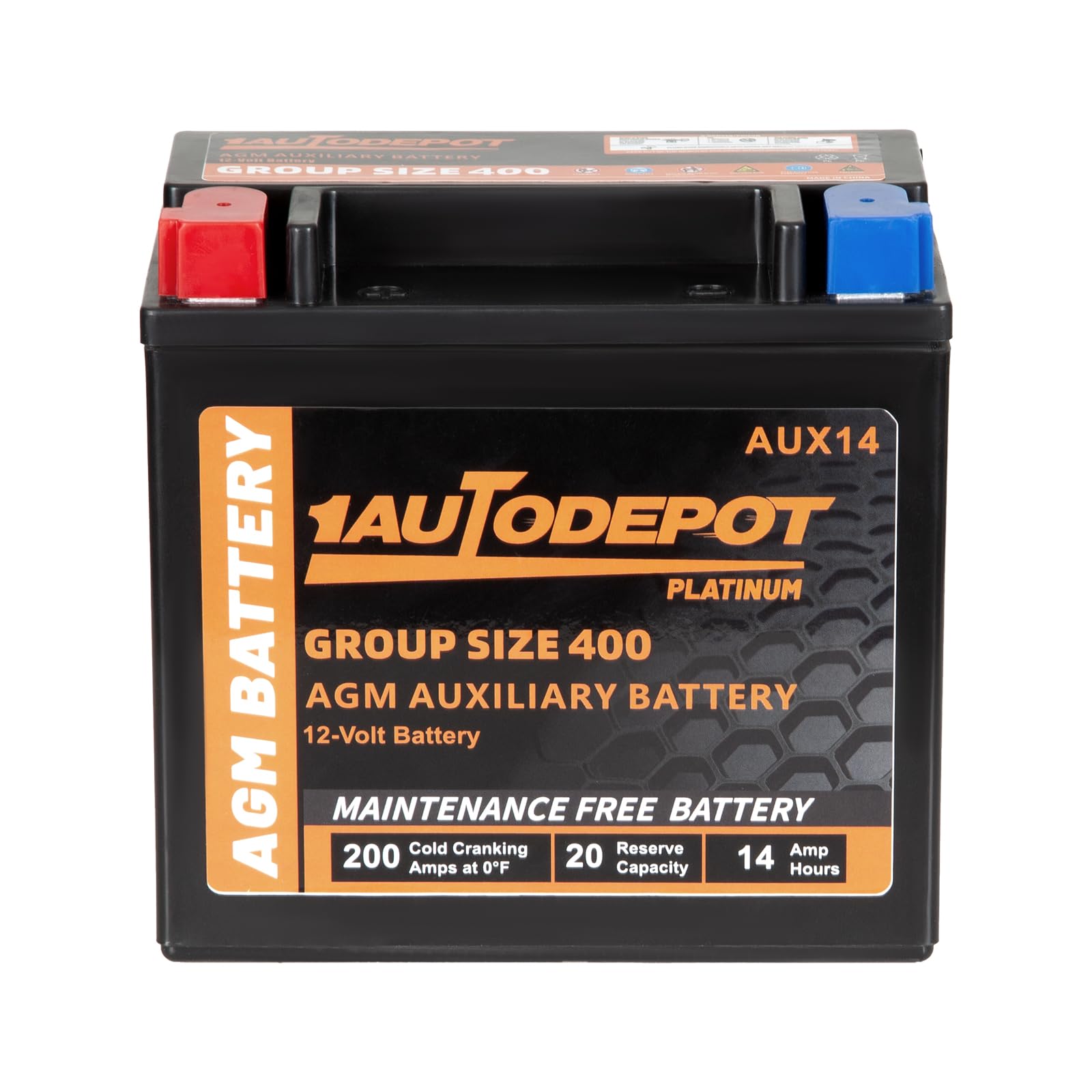 1Autodepot Aux14 Auxiliary Battery, Bci Group 400 Agm Battery, 200Cca, 20Rc,12V 14Ah Maintenance Free 36 Months Warranty