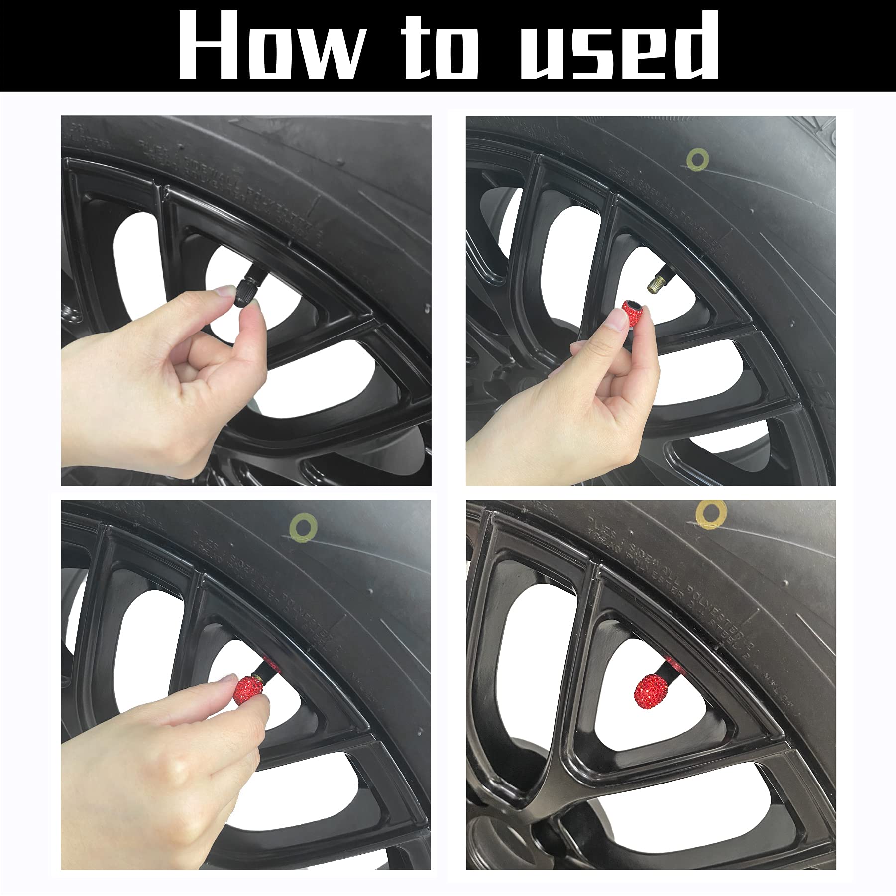 Justtop 4 Pack Handmade Crystal Rhinestone Car Tire Valve Stem Caps, Car Wheel Tire Valve, Attractive Dustproof Bling Car Accessories, Universal For Cars, Trucks And Motorcycles-Red