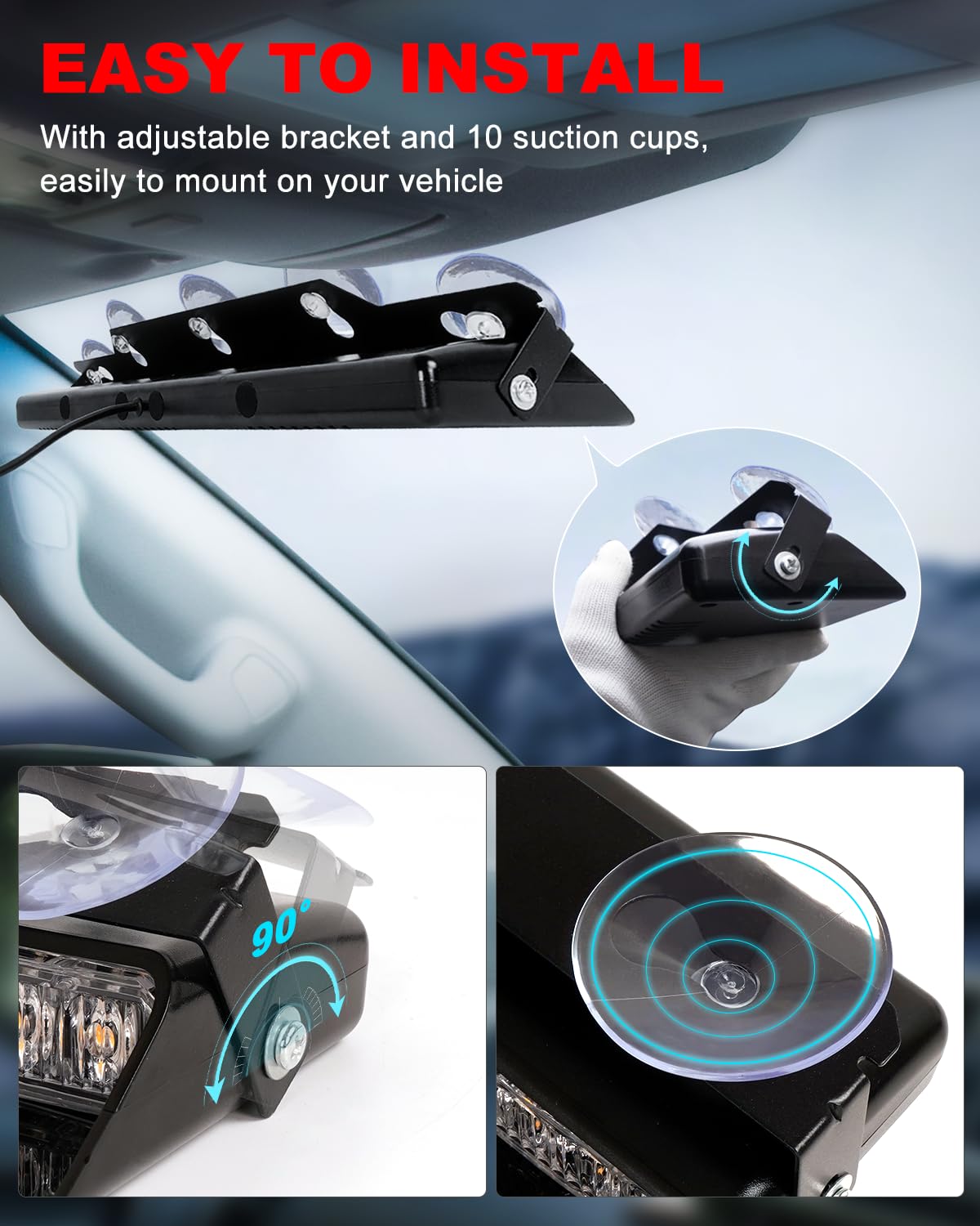 Hlauto 6Z4J Emergency Dash Strobe Lights: 2X16.8 Inch Red Amber Safety Lights, 48 Led Flashing Warning Hazard Interior Windshiel