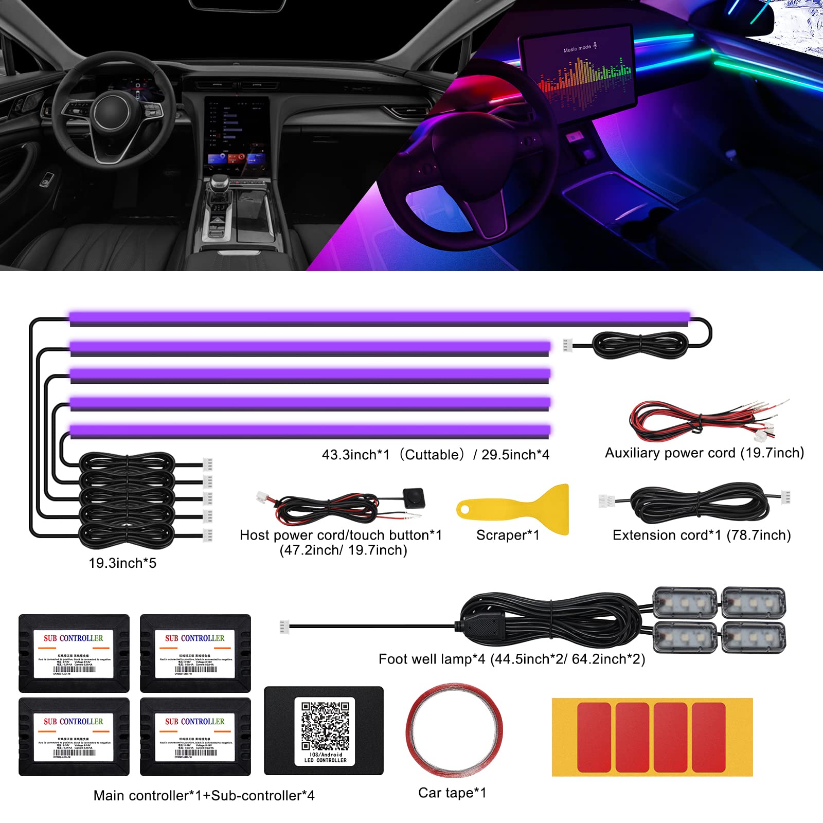 Acrylic Interior Car Led Strip Light With Wireless App, Rgb 10 In 1 With 175 Inches 593 Leds Fiber Optic Ambient Lighting Kits,