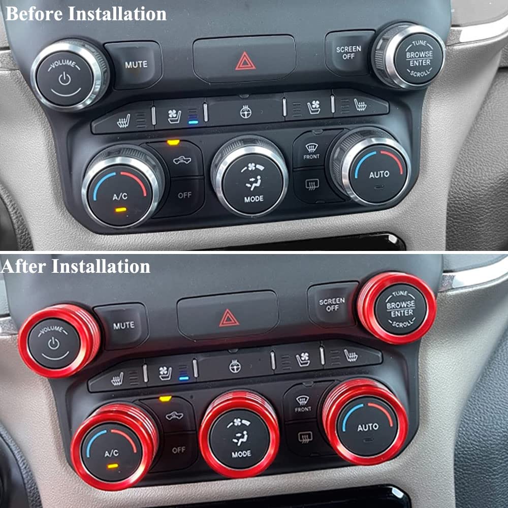 Thor-Ind Ac Radio Knob Cover Compatible With Dodge Ram 2019 2020 2021 Air Conditioner Auto Climate Control Volume Tune Switch Knob Button Cover Trim Ring 5Pcs (Red)