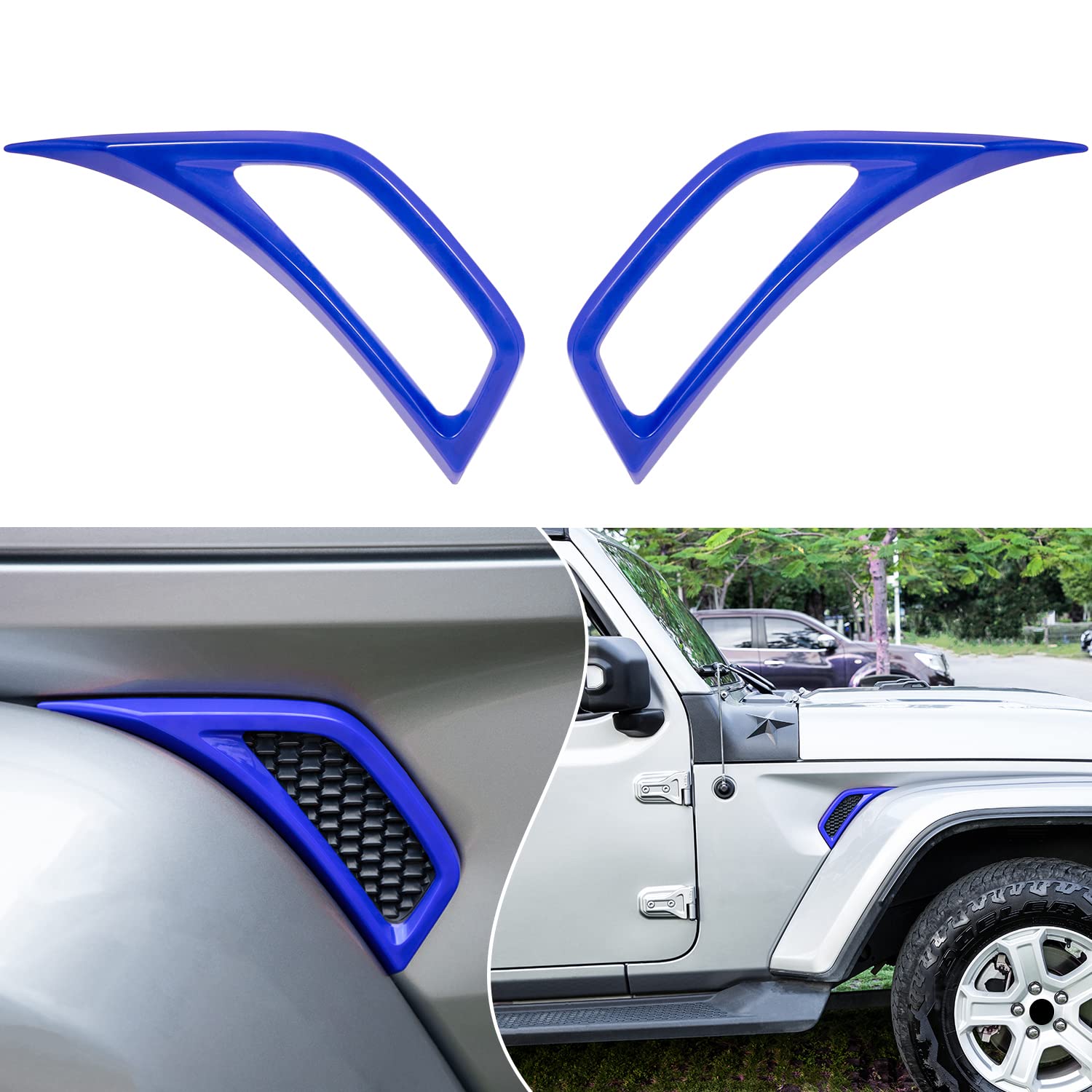 Bonbo 2Pcs Exterior Accessories Wheel Eyebrow Side Air Conditioning Vent Outlet Cover Trim For Jeep Wrangler Jl Jlu Sports Sahara Freedom Rubicon Unlimited Gladiator Jt 2018-2022 (Blue)