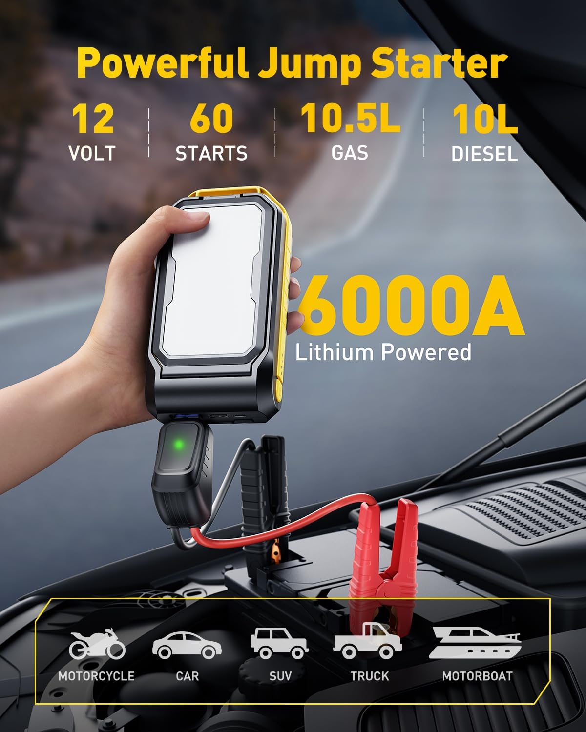 Auxito Jump Starter: 6000A Car Portable-Battery Jumper Box With 4000Lm Led Outdoor Camping Light And Power Bank Function, Up To