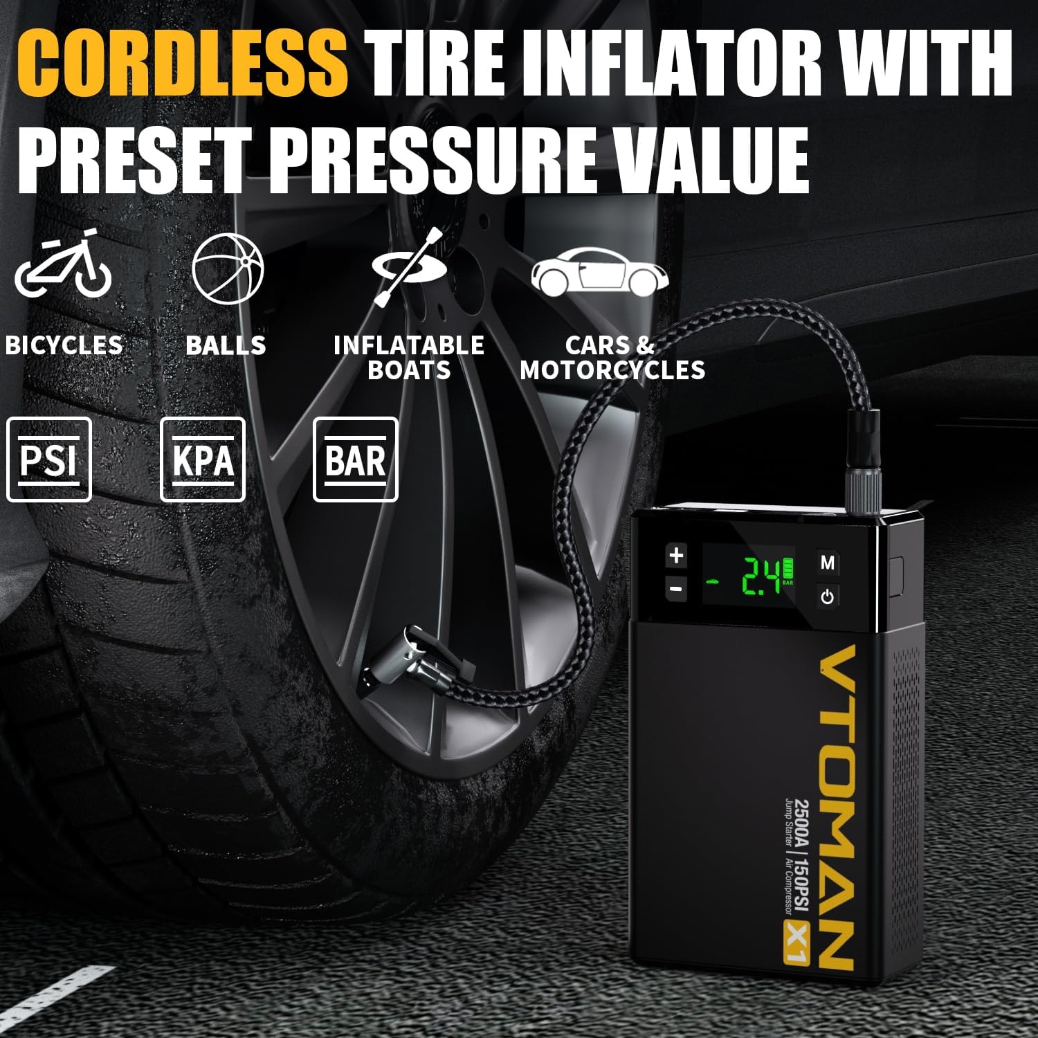 Vtoman X1 Jump Starter With Air Compressor, Car Battery Jumper Starter (2500A,Up To 8.5L Gas/6L Diesel Engine) With 150Psi Auto