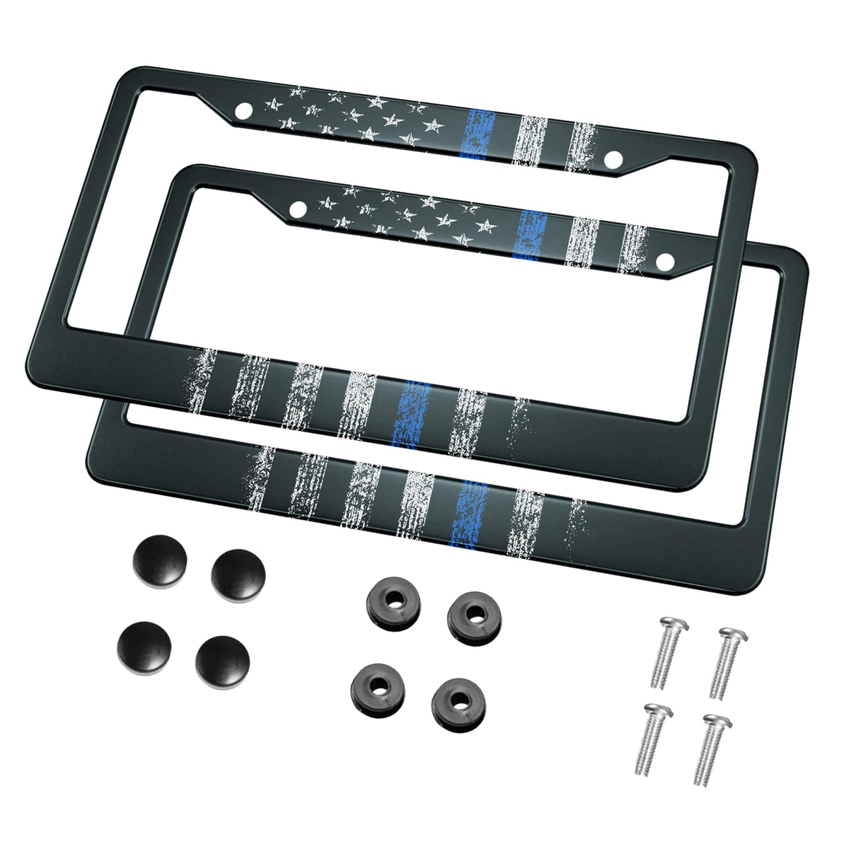 Hosnye Usa Police Flag License Plate Frame Blue Line Grunge Design Metal 2 Pcs 2 Holes Black Licenses Plates Frames Front Licens
