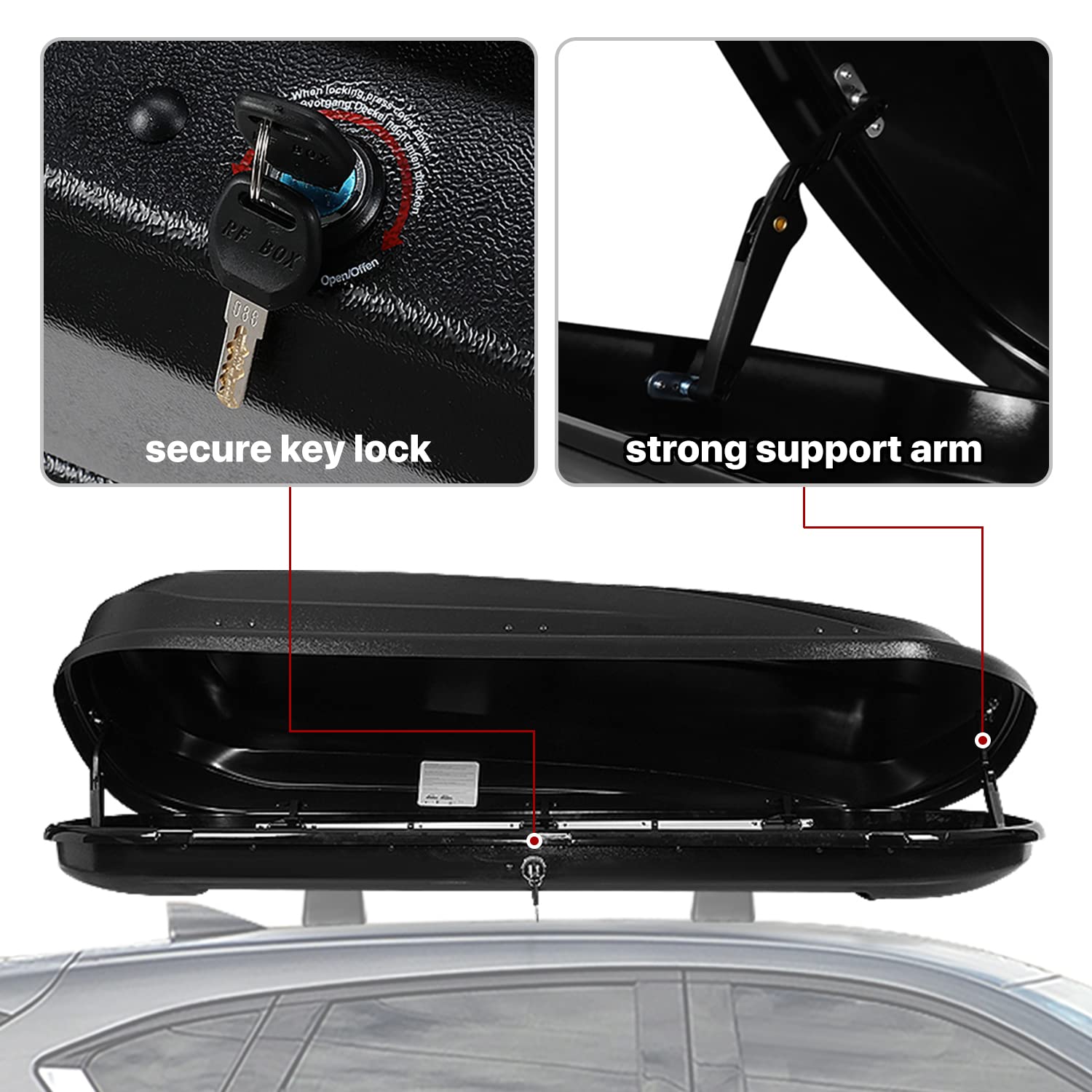 DNA MOTORING Extra Long XXL Rooftop Cargo Carrier Box Lockable Heavy Duty Car Top Storage Case w/Lock+Keys, 110Lb Capacity, 17 C