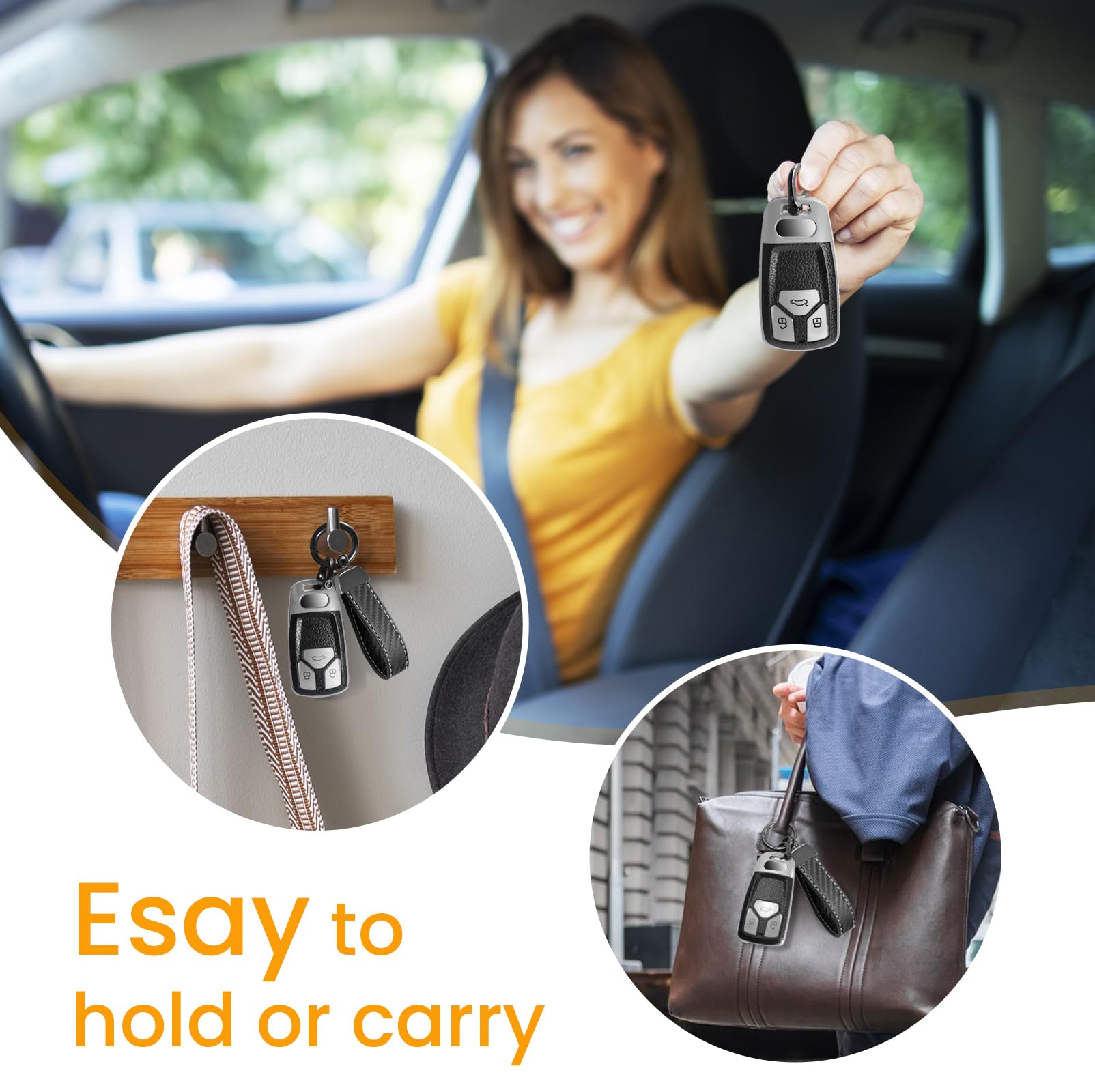 Ctrinews For Audi Key Fob Cover With Carbon Fiber Style Belt Keychain, Upgraded Soft Tpu Surface Grain Key Case For A4 A5 A6 Q3