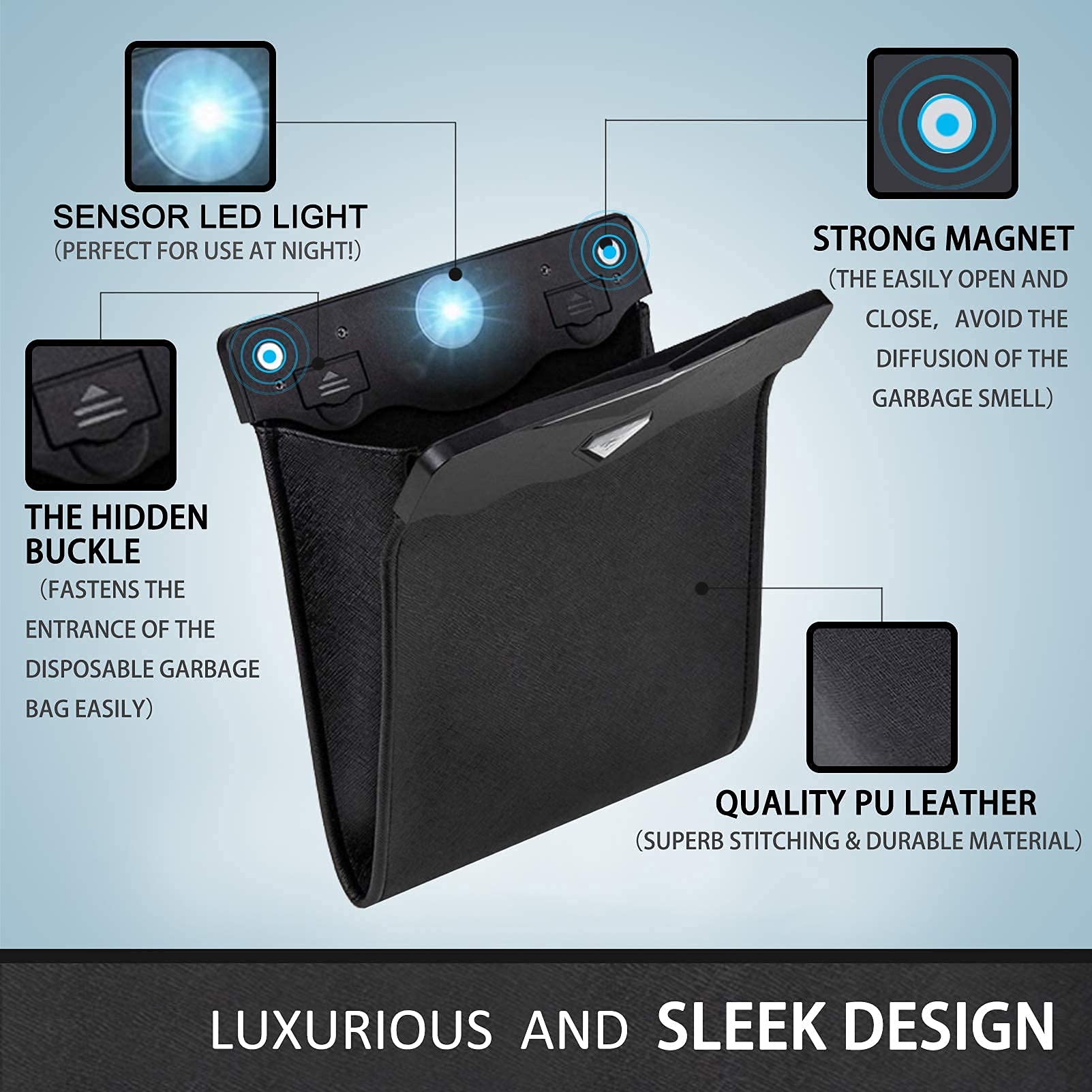 Creomg Car Trash Bag, Superior Pu Leather With Led Light And Magnet Closure Design, Bundle With Tissue Box And 30 Disposable Inn