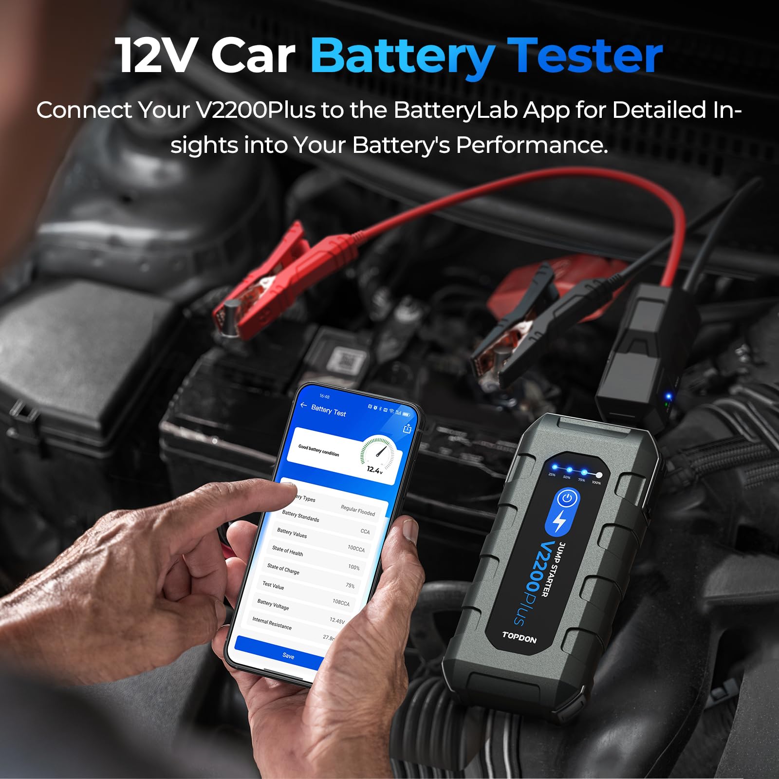 Car Battery Jump Starter And Battery Tester Topdon 2-In-1 2200A Peak Jump Starter For Up To 8L Gas/6L Diesel Engines 12V Portabl