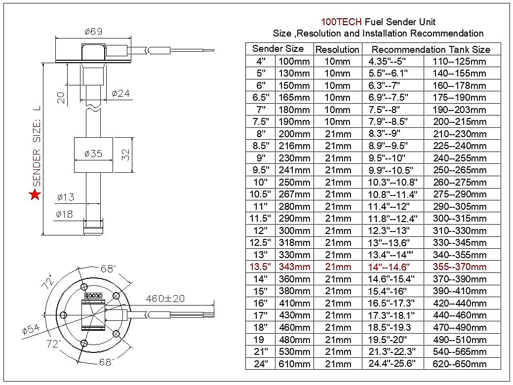 100TECH Boat Fuel Sending Unit Marine Fuel Water Level Sensor Marine Fuel Level Sender for Boat Truck Car 13.5''(343mm) Diesel R
