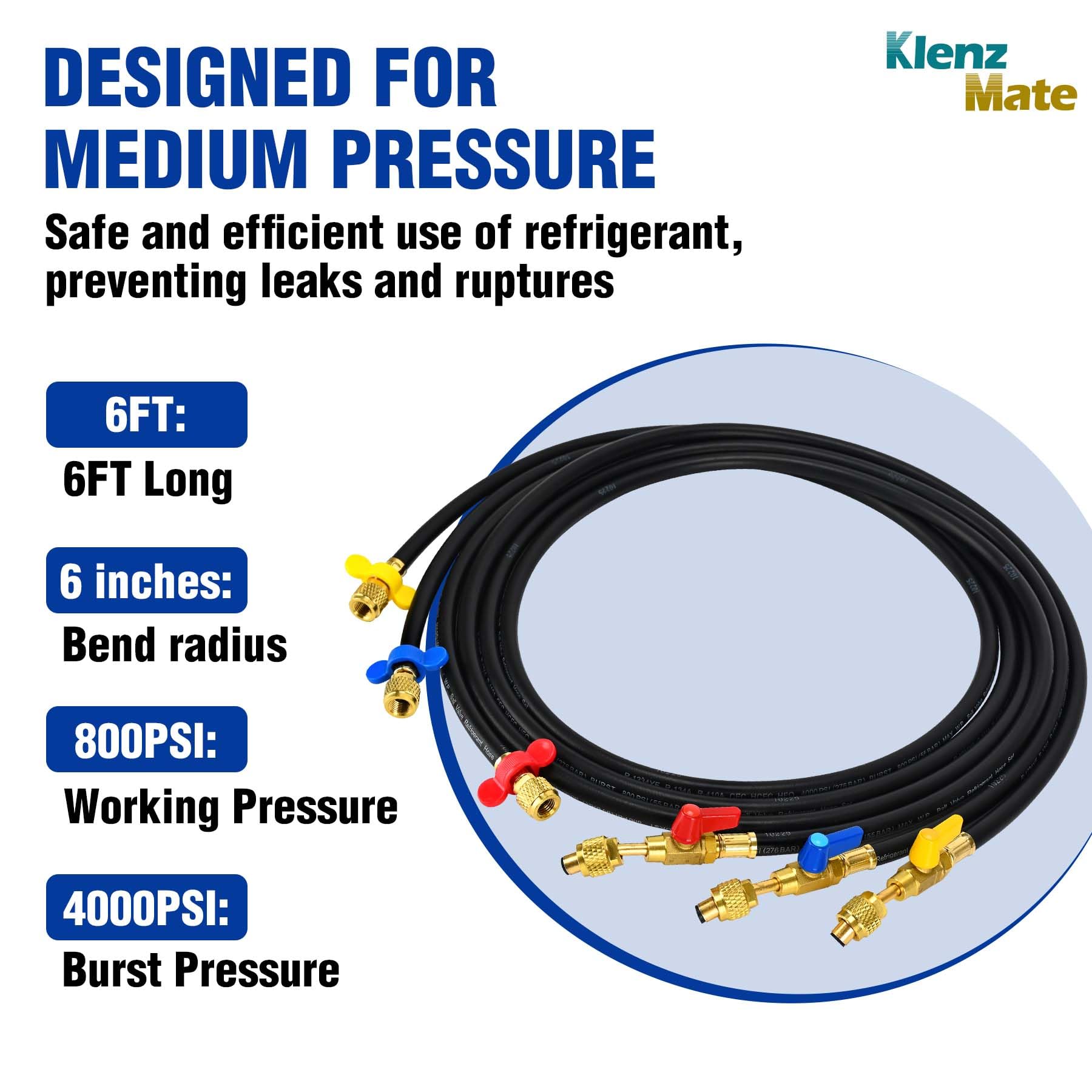 KlenzMate Upgraded 1/4 A2L Refrigerant Hose,72, Compact Ball Valve Refrigerant Hose Kit with Color Label for R-1234YF R-134A
