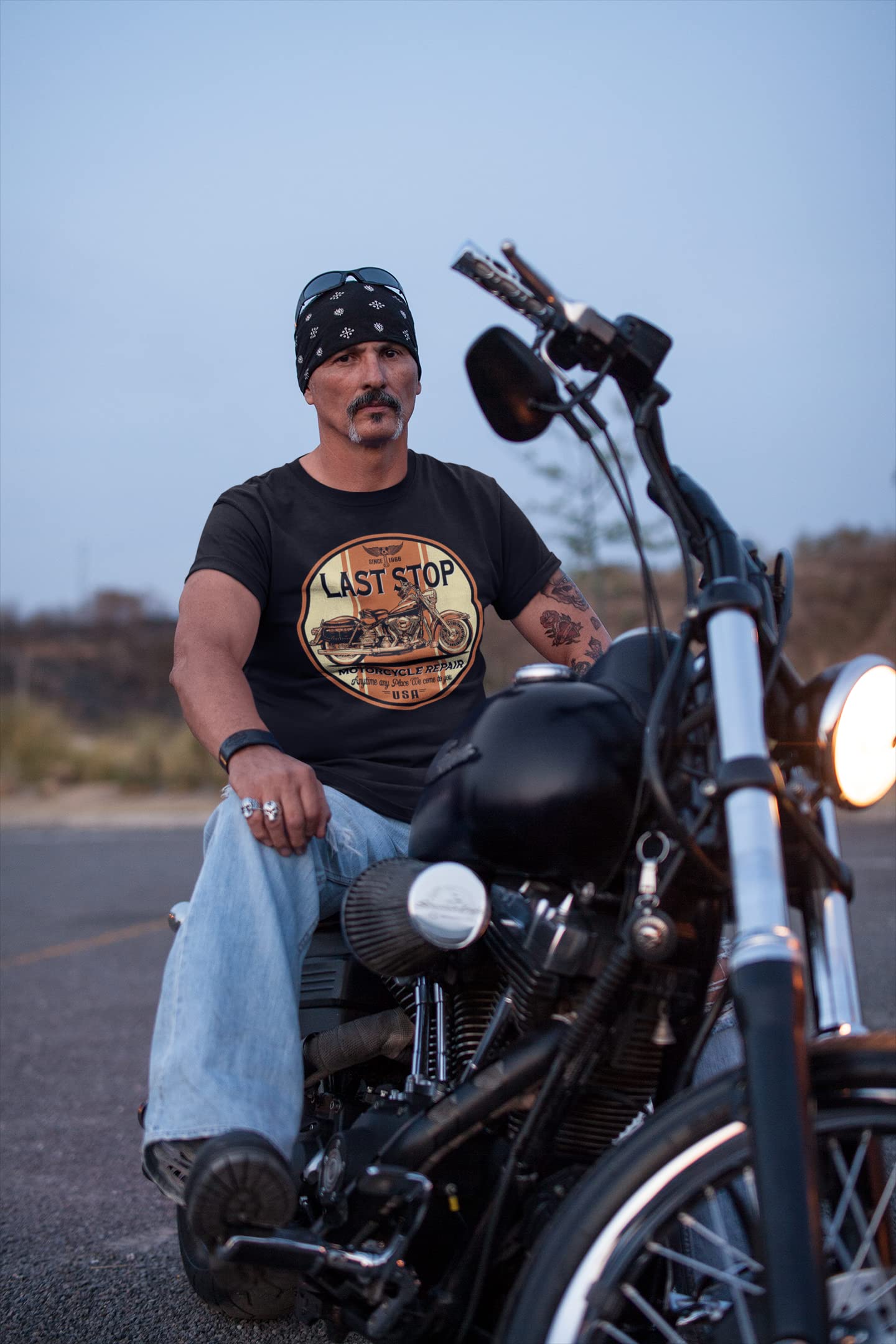Last Stop Motorcycle T-Shirt Biker Rider Route 66 Harley Vintage Mens Black Tee (Xlarge)