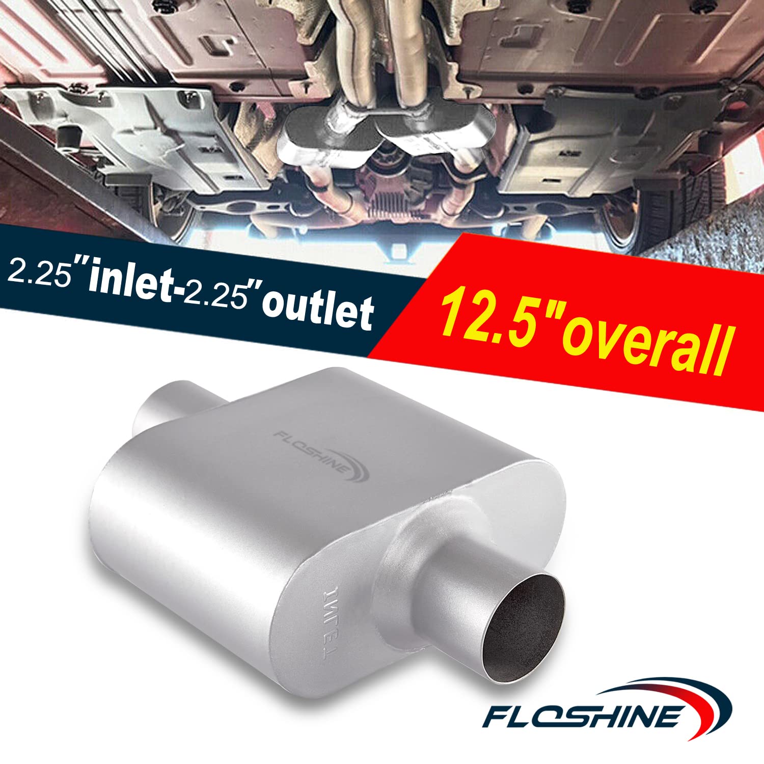 Floshine Universal Mufflers,Performance Automotive Exhaust Muffler,Single Chamber 2.25 Inch Inlet/2.25 Inch Outlet Fh4225109