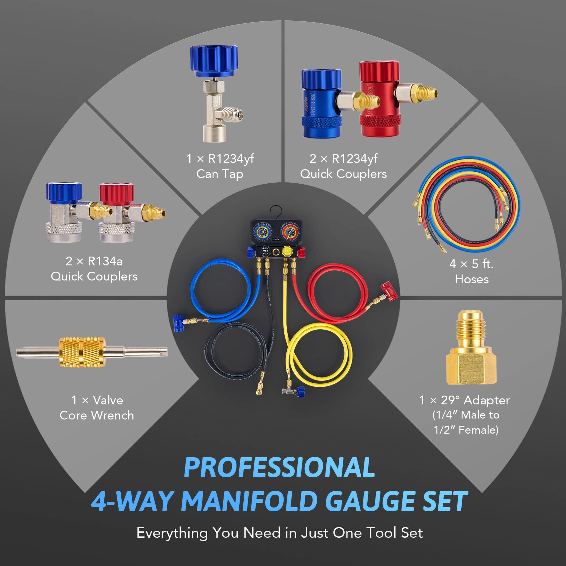 Orion Motor Tech AC Gauge Set - 4 Way R1234yf/R134a, Brass, Grey, Model FBA-DMG12344W, Quick Couplers, Self-Sealing Can Tap