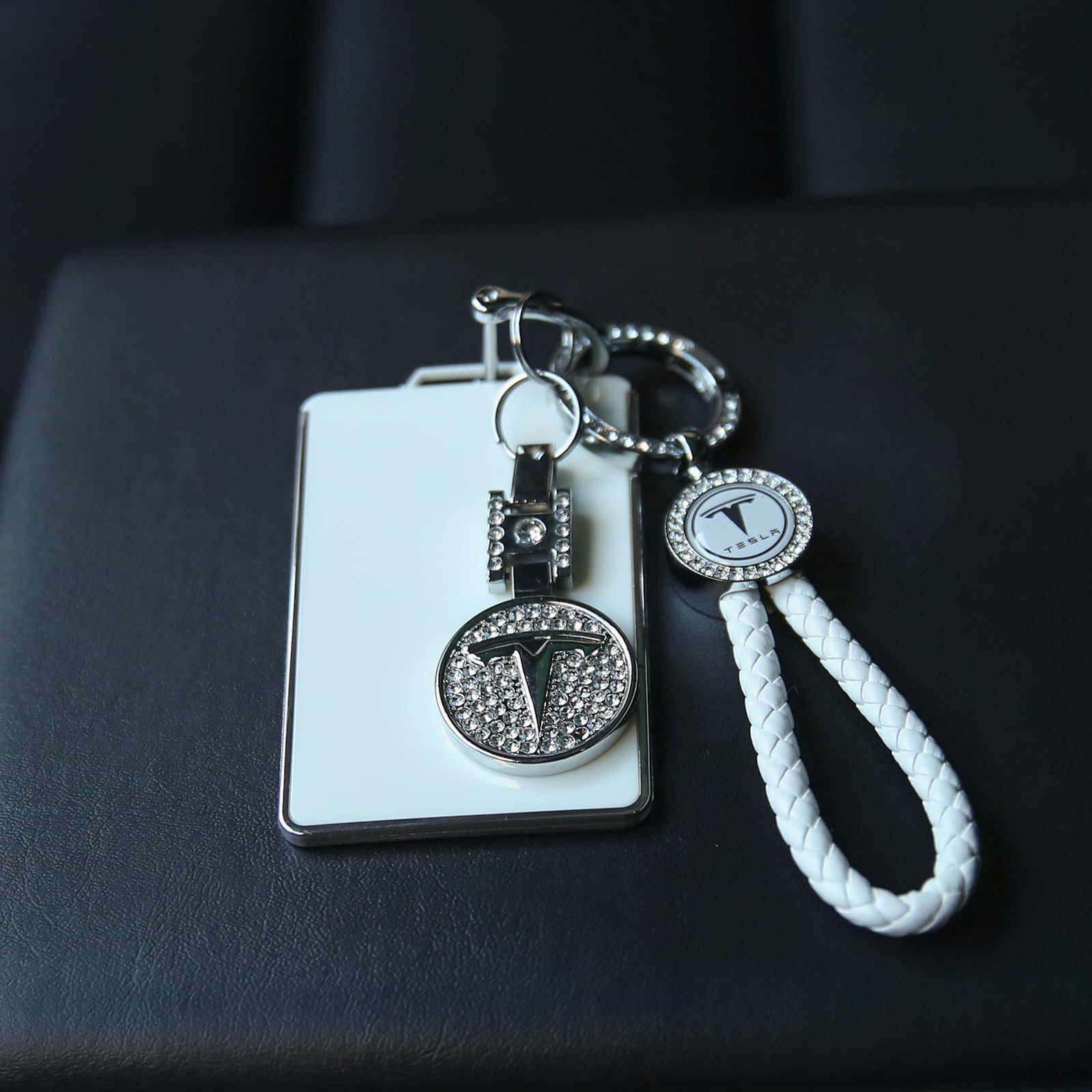 Tesheer White Key Card Holder Bling Key Chain for Tesla Model S/X/3/Y & Cybertruck - Crystal Key Fob Accessories