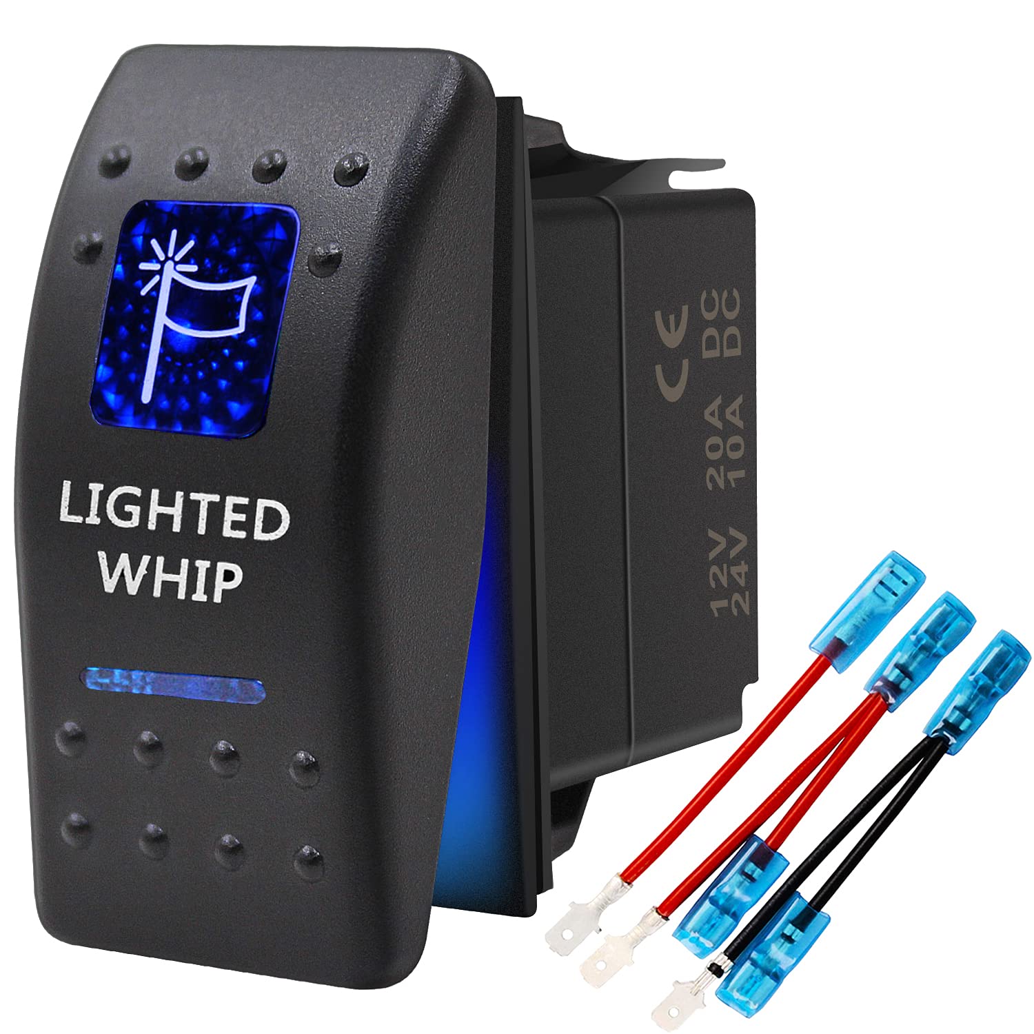 Lighted Whip Waterproof Rocker Switch Toggle - On/Off Blue Led Light - 12V 20Amp 24V 10Amp, 5 Pin For Automotive Cars Vehicles Marine Boats Trucks Trailers 4X4 Caravans Rvs Suv Atv Utv & More
