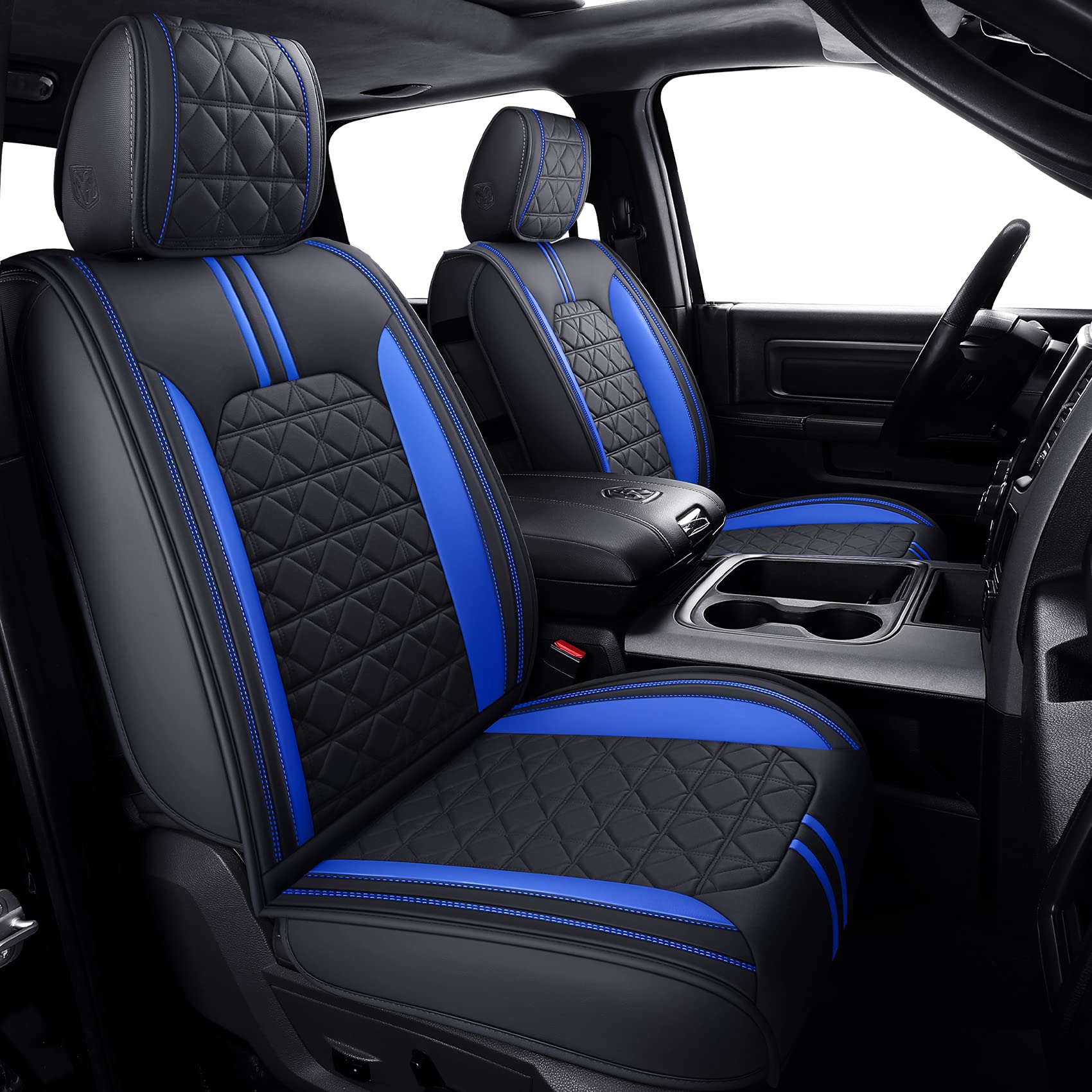 Yiertai For Dodge Ram Seat Covers Fit 2009-2025 1500/2500/3500Hd Pickup Crew Double Cab Quad Cab Laramie Long Horn Rebel Tradesman Waterproof Leather Seat Cover(2 Pcs Front Only/Black-Blue)