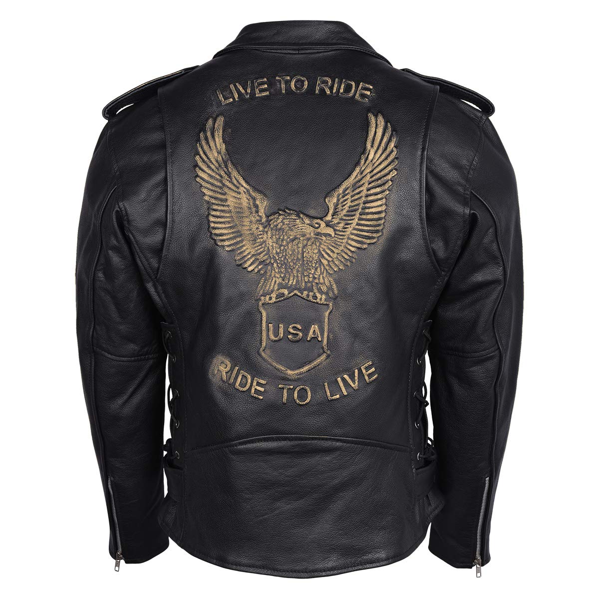 Men'S Eagle Embossed Live To Ride - Ride To Live Classic Black Leather Motorcycle Biker Jacket (5Xl, Gold)