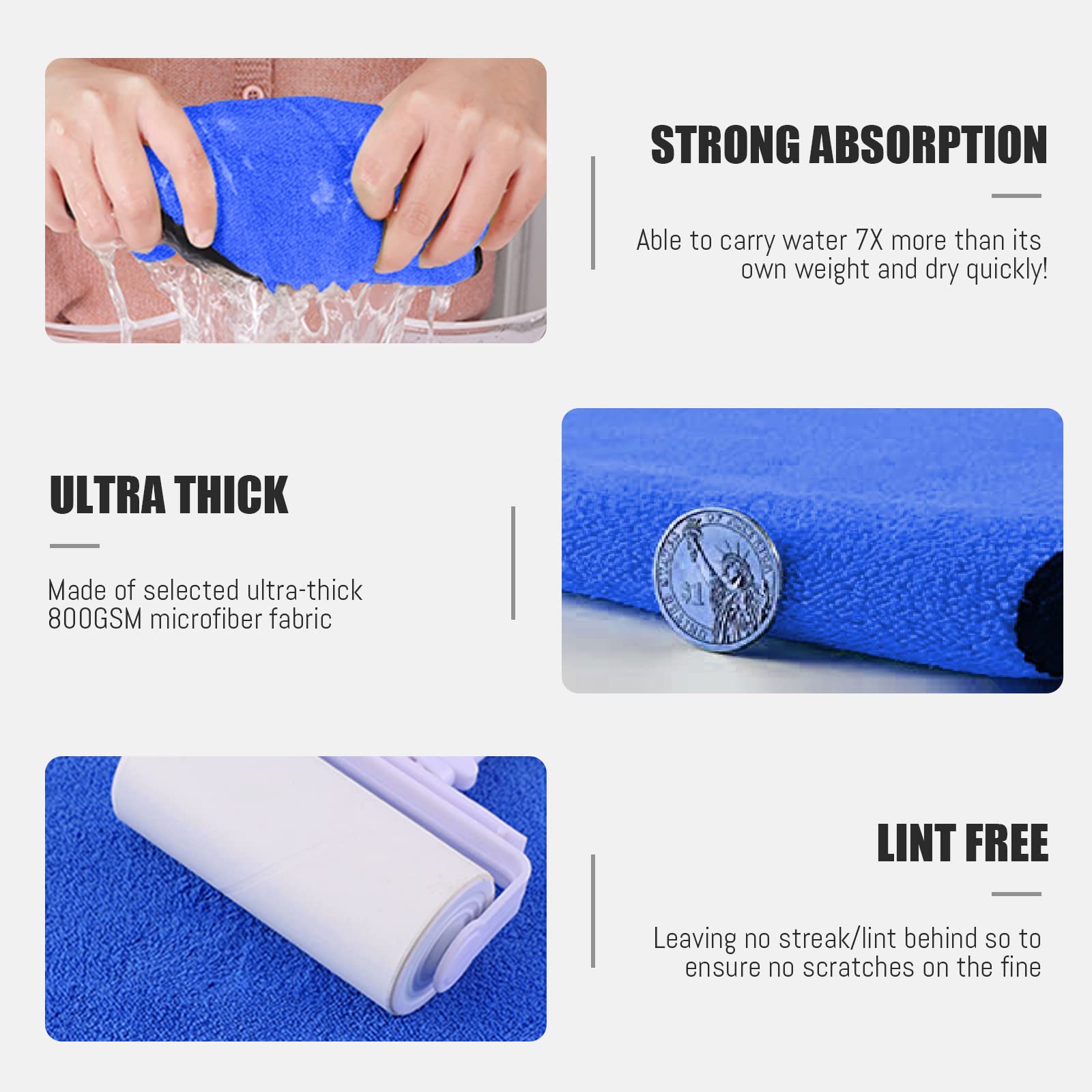 Airlab 800GSM Microfiber Towels for Cars - Super Absorbent, Lint & Streak Free, 16x16, Blue, Pack of 4