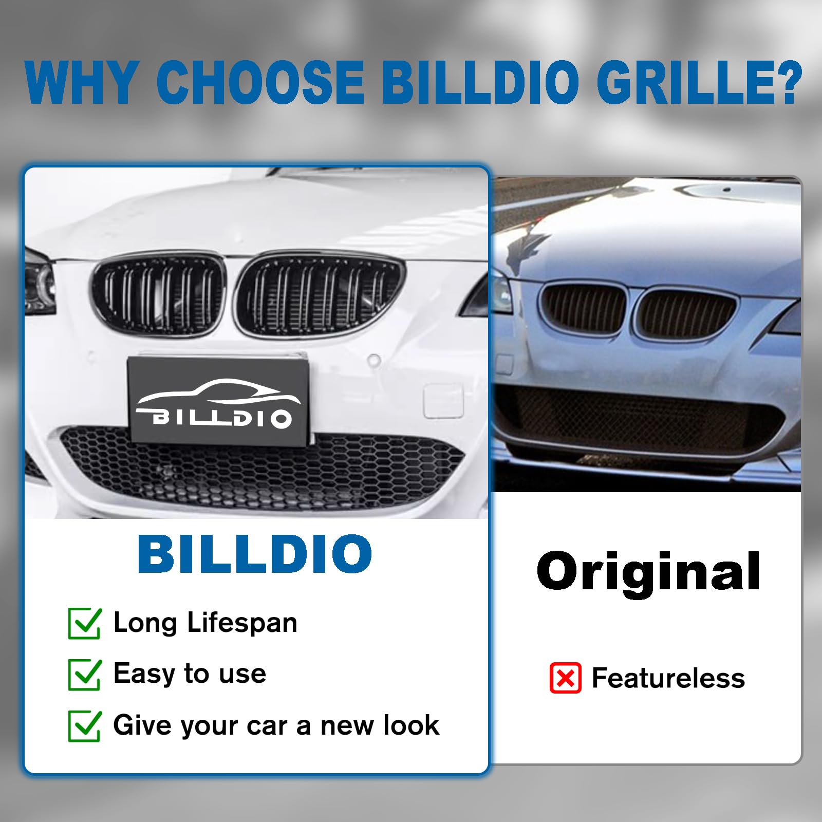 Billdio E60 Grille - Front Kidney Grille Double Slats Glossy Black Compatible With 2003-2009 Bmw 5 Series 520I 523I 525I 528I 53