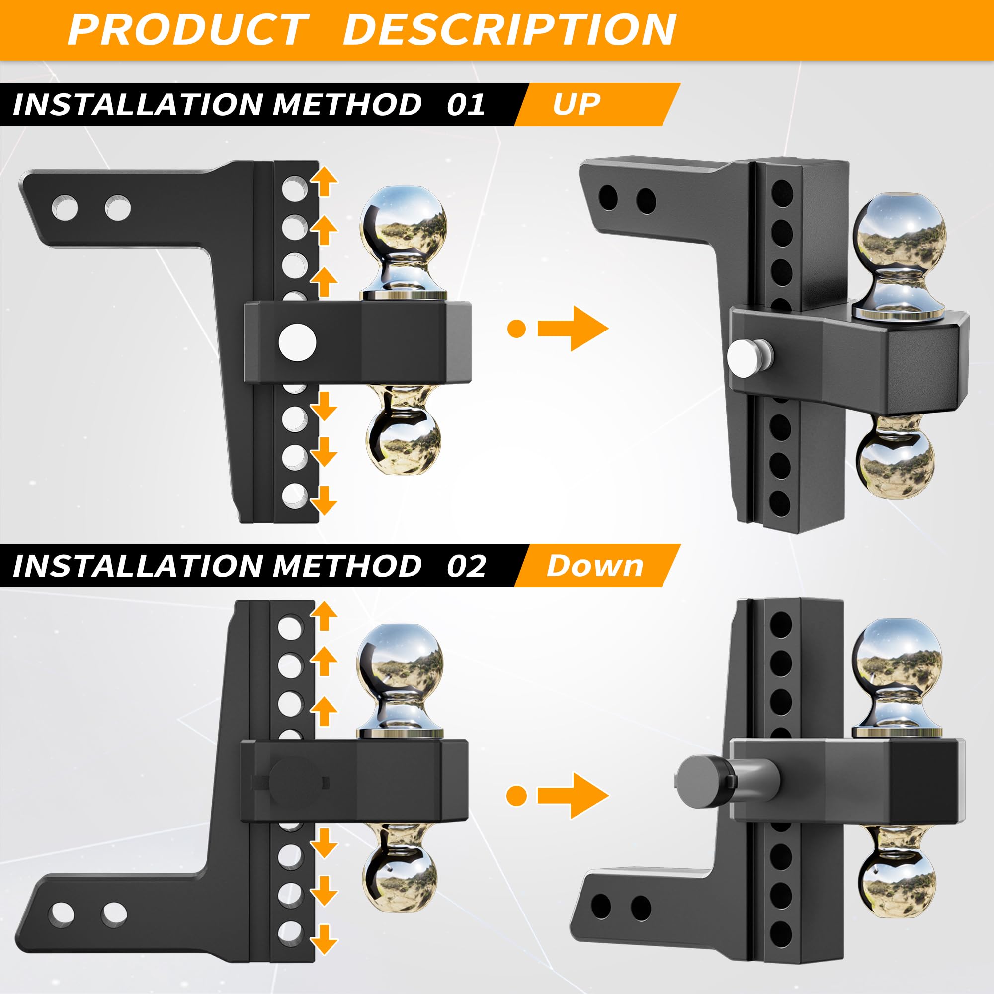 Locame Adjustable Trailer Hitch, Fits 2-Inch Receiver, 8-Inch Drop/Rise Aluminum Drop Hitch,12,500 Lbs Gtw-Tow Hitch For Heavy Duty Truck With Double Stainless Steel Locks, Black, Lc0018